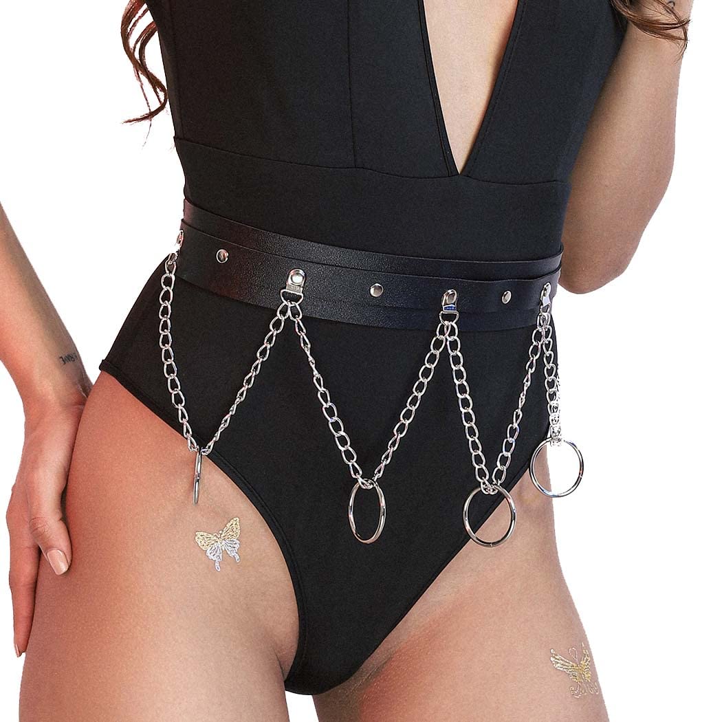 Black Punk Waist Chain Leather Body Chain for Women & Girls - Gothic Party Accessory, Edgy Fashion Jewelry, Perfect for Concerts, Raves, and Nightclub Outfits