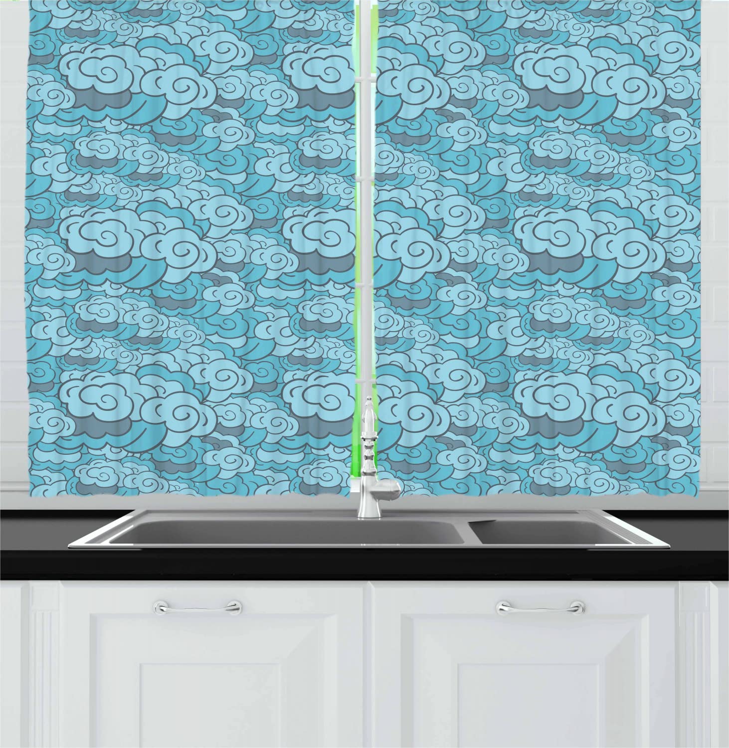 Ambesonne Long Kitchen Curtains with Hand Drawn Sky Cloud Pattern - 55