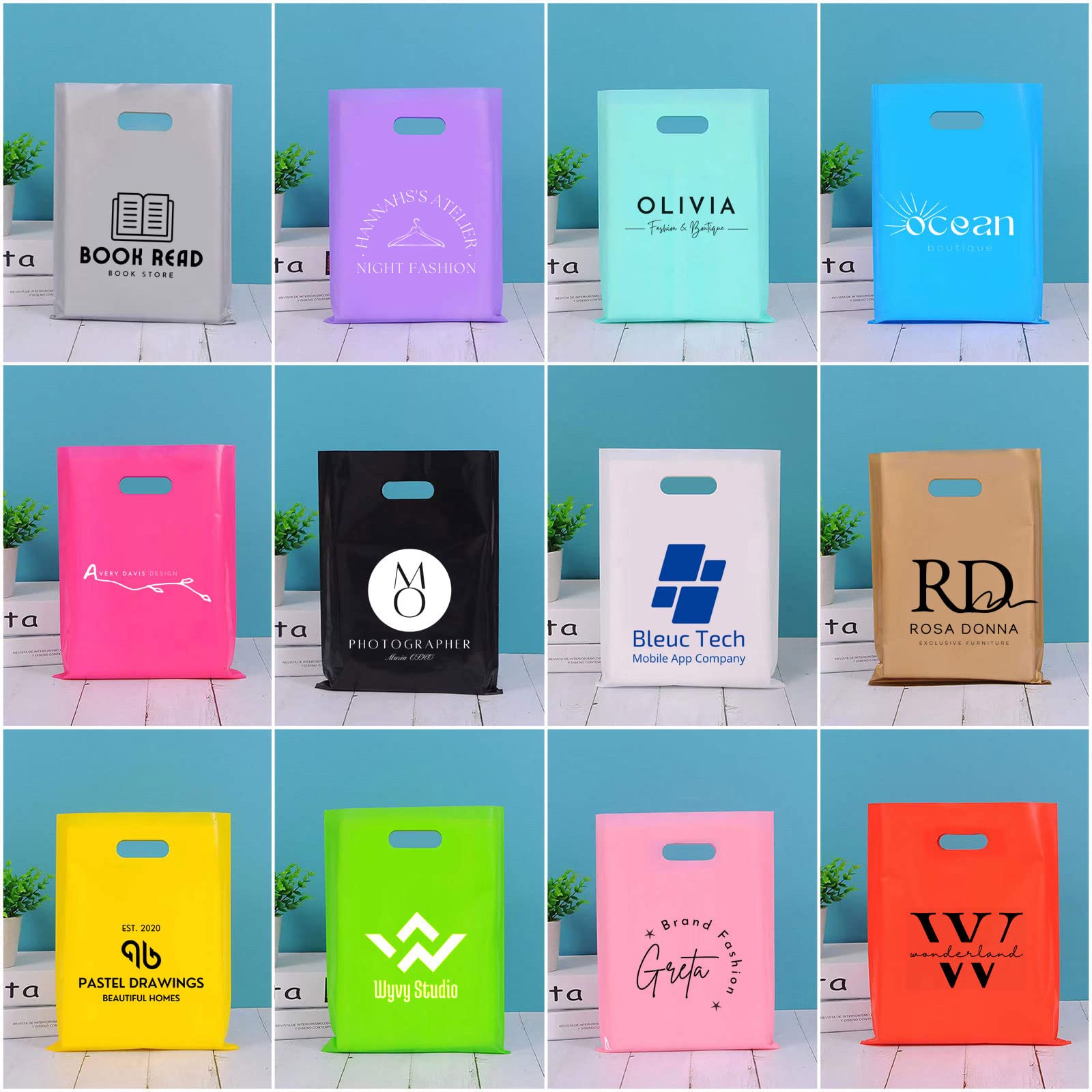 Custom Plastic Bags with Logo - 100 Pack 2.36Mil Personalized Shopping Bags with Die-Cut Handles | Glossy Gift Bags for Small Business, Boutique & Retail | Perfect for Trade Shows, Events, Parties & Brand Promotion (18x22 Inches)