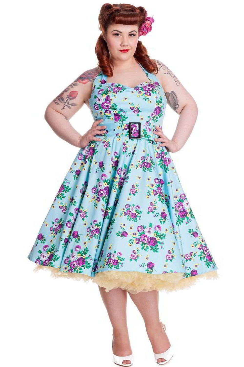 Hell Bunny Blue Floral MayDay Pinup Swing Dress - Vintage 1950s Style Rockabilly Dress for Women, Retro Party Dress with Full Skirt - Perfect for Swing Dancing, Pinup Photos, and Vintage-Themed Events