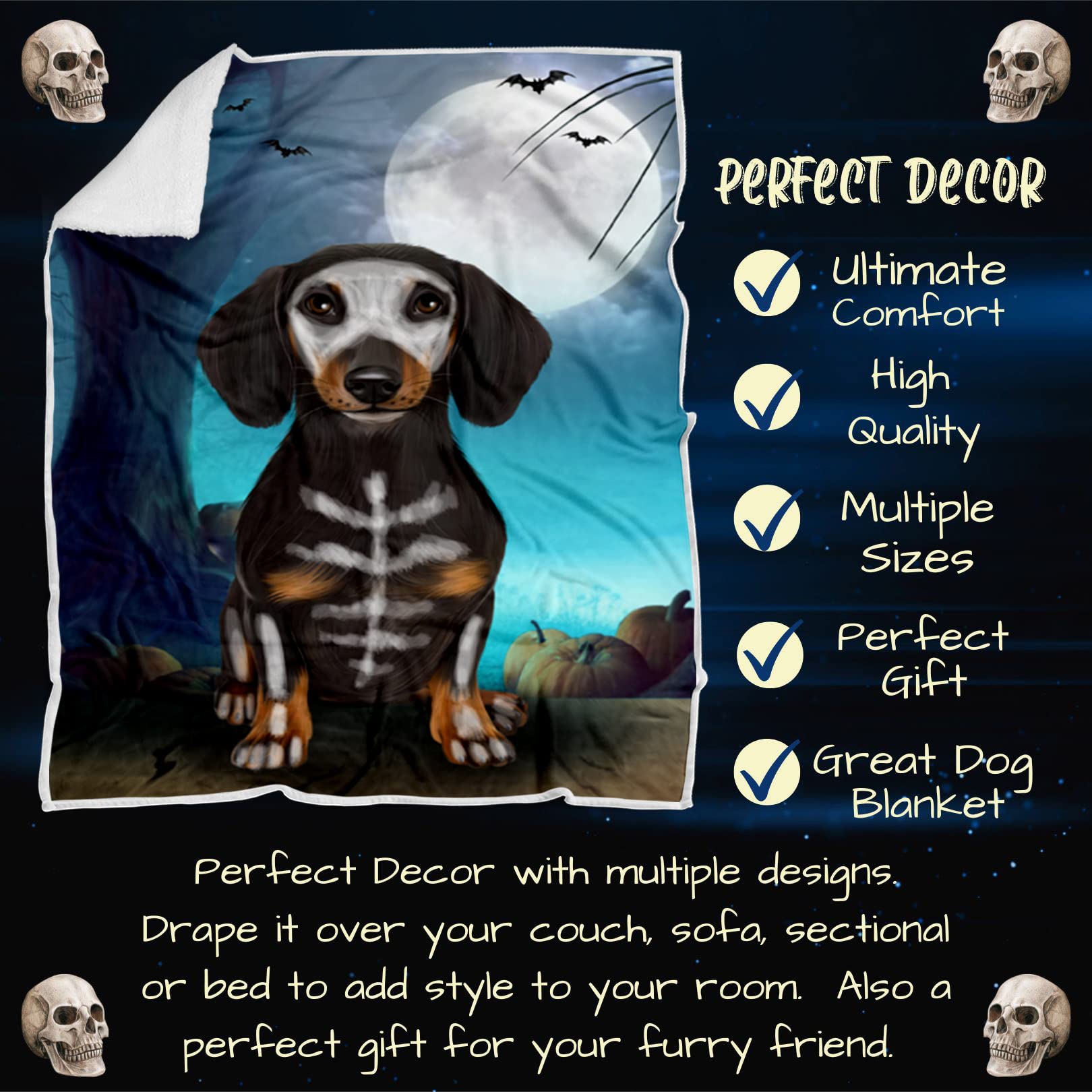 Halloween Trick or Treat Dachshund Dog Skeleton Blanket - Lightweight Super Soft Cozy Throw for Couch, Sofa & Bed - Durable Animal Theme Fuzzy Blanket (50x60 Woven) - Perfect for Halloween Decor, Pet Lover Gift & Cozy Movie Nights