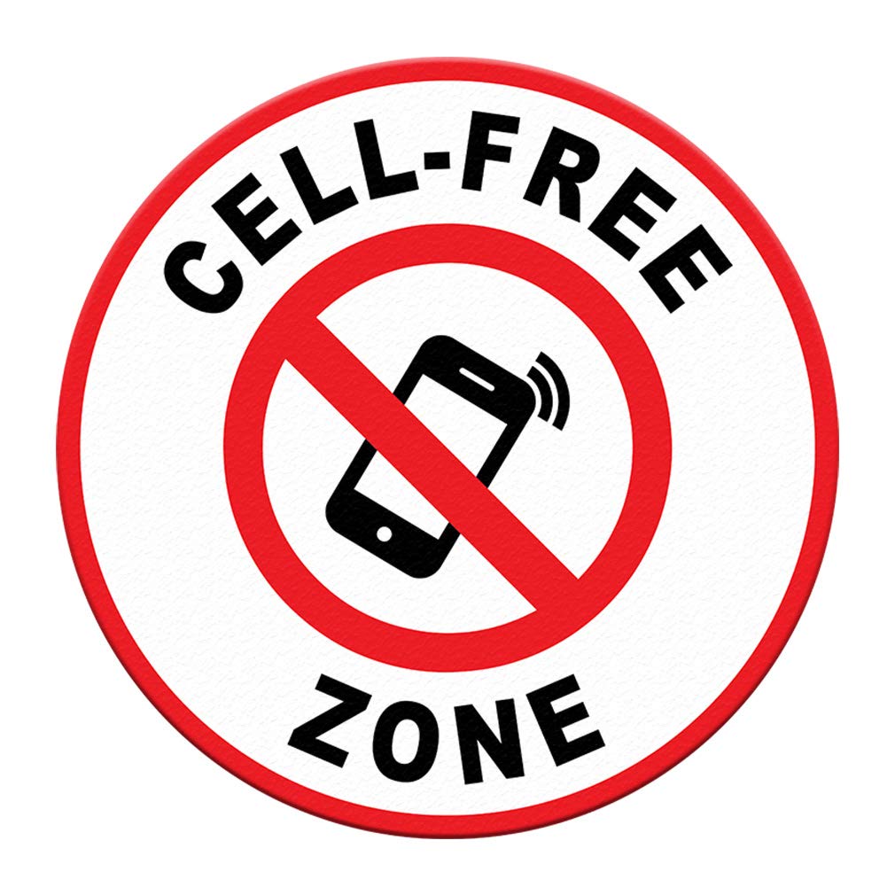 Anti-Slip Round Cell Phone Floor Decals - 36 Inch Free Zone Signs in Black & Red for Retail Stores, Warehouses & Industrial Areas (Non-Slip Mobile Device Safety Stickers)