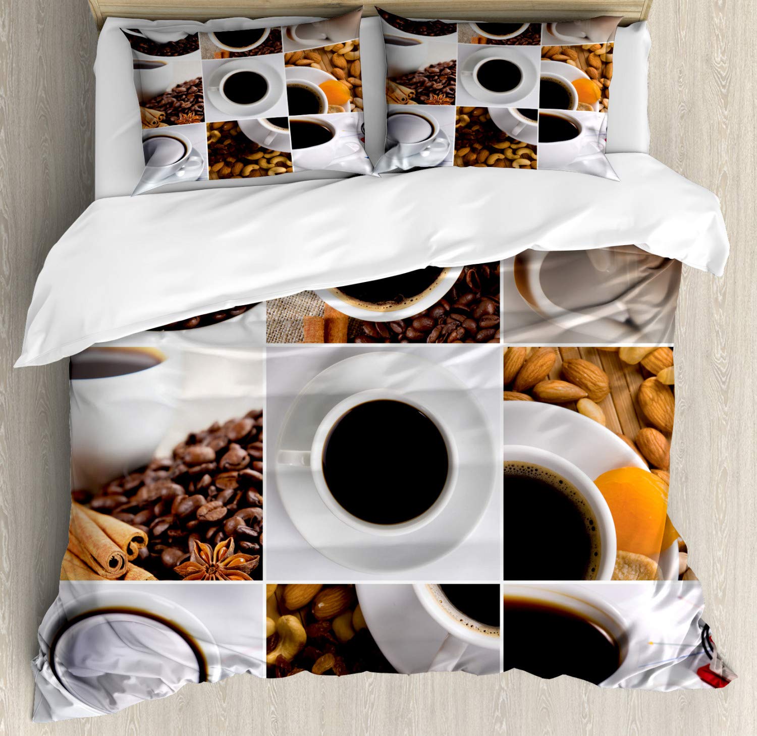 Ambesonne Coffee Lover Duvet Cover Set - Modern Coffee Mugs Collage with Almonds, Cashews & Beans Design - 3 Piece Queen Size Bedding Set with 2 Pillow Shams in White, Black & Brown | Perfect for Coffee Themed Bedrooms, Gift for Baristas & Cozy Home Decor