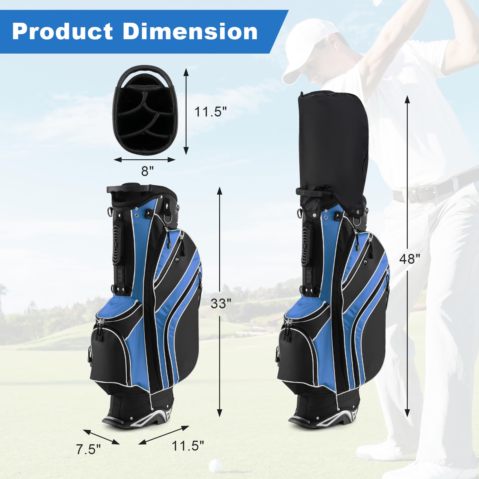 GYMAX 6-Way Divider Golf Stand Bag with 8 Pockets, Rain Hood & Umbrella Holder - Lightweight Portable Golf Club Bag for Men & Women - Perfect for Driving Range, Course Play & Travel