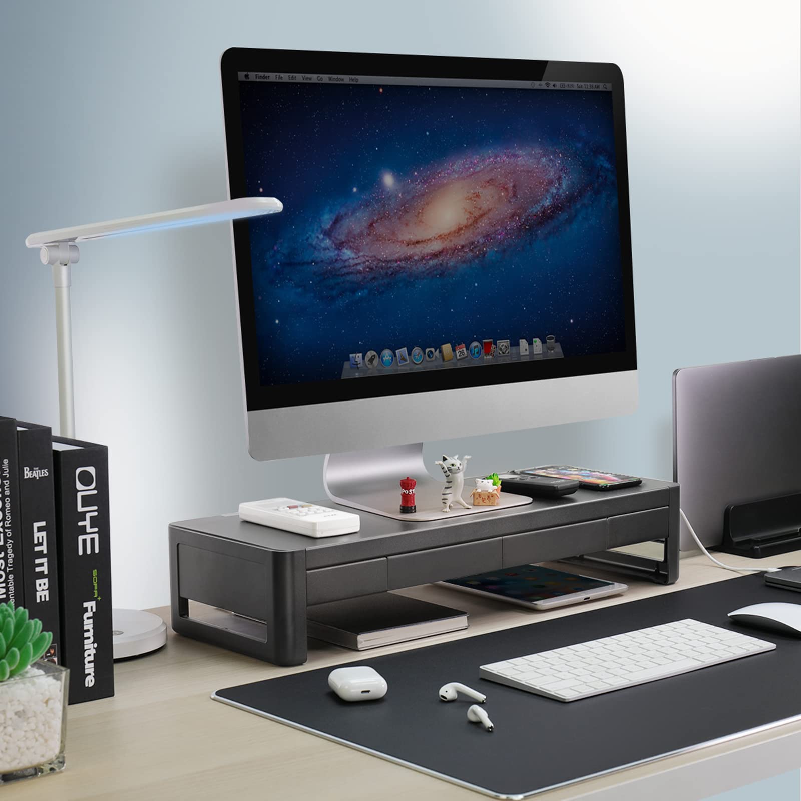 2-in-1 Metal Monitor Stand with Storage Drawers & 4 USB Hub - Adjustable Computer Riser for PC, Laptop, iMac - Perfect Desk Organizer for Home Office & Workspace