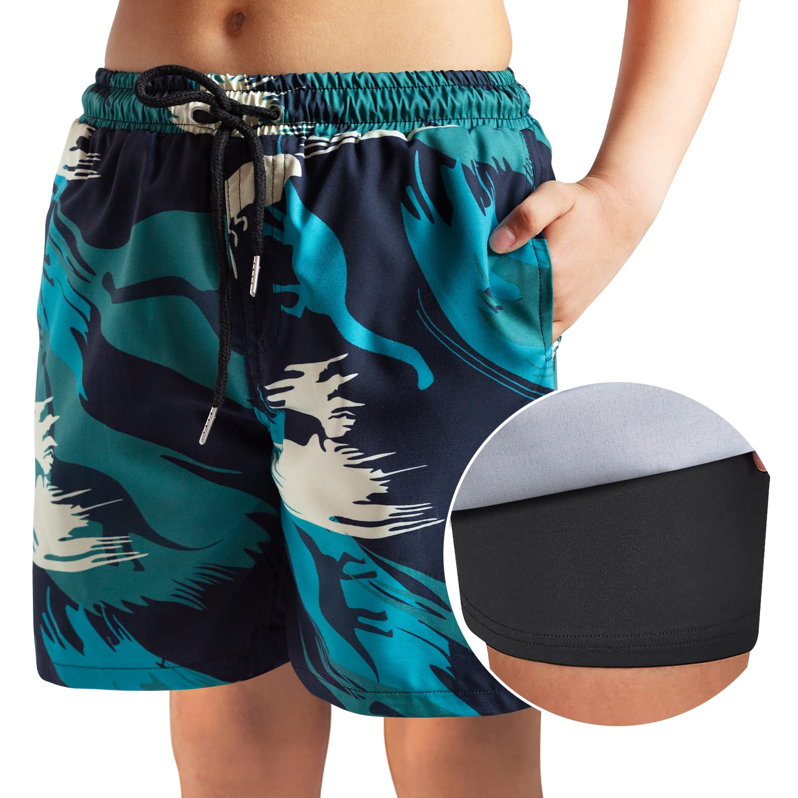 **Boys Swim Trunks Quick Dry with Boxer Brief Liner - UPF 50+ Bathing Suits for Swimming, Beach & Pool - Comfortable Compression Swim Shorts**