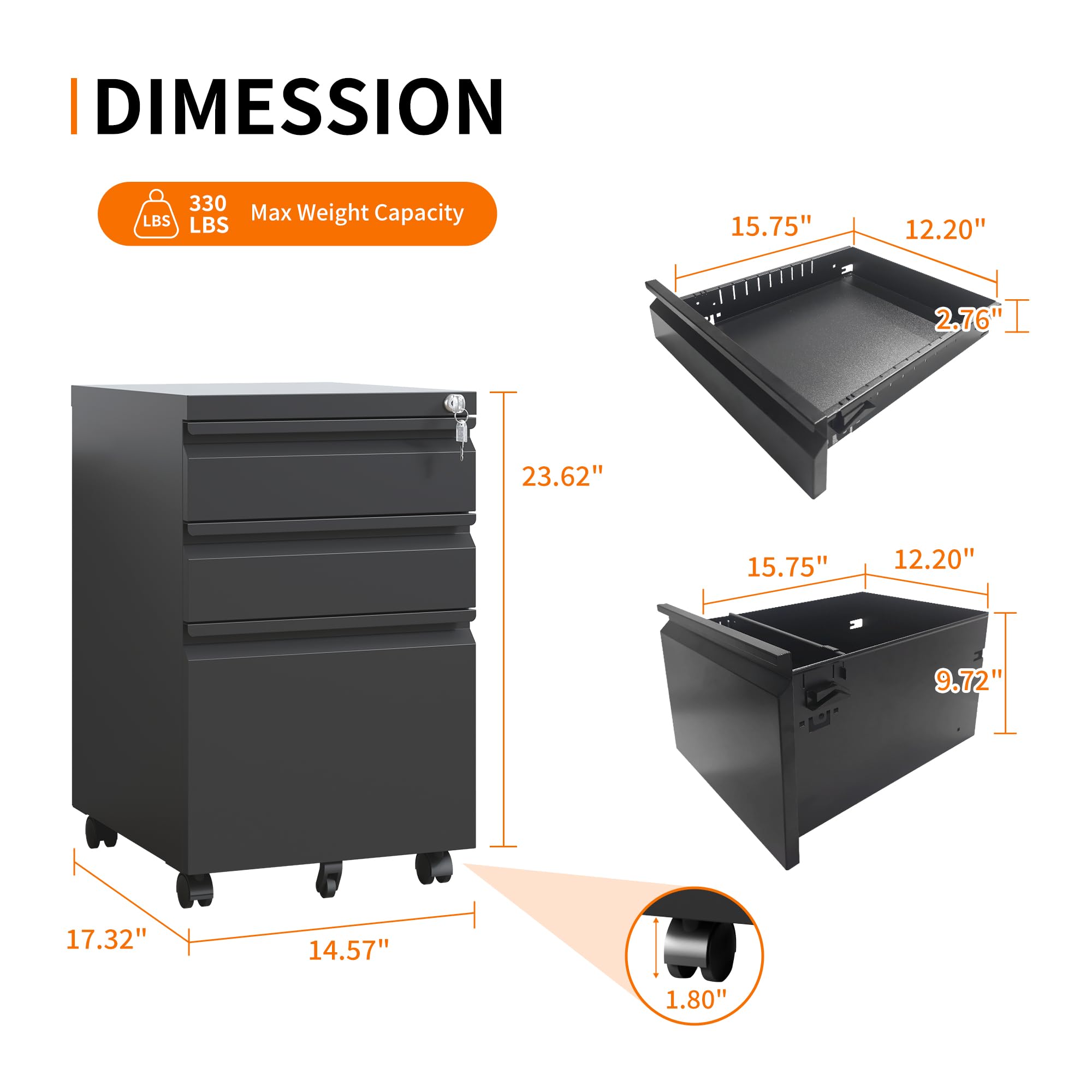 3 Drawer Mobile File Cabinet - Letter & Legal Size, Fully Assembled Under Desk Storage for Home Office - Black | Organize Documents, Bills & Office Supplies with Easy Rolling Mobility