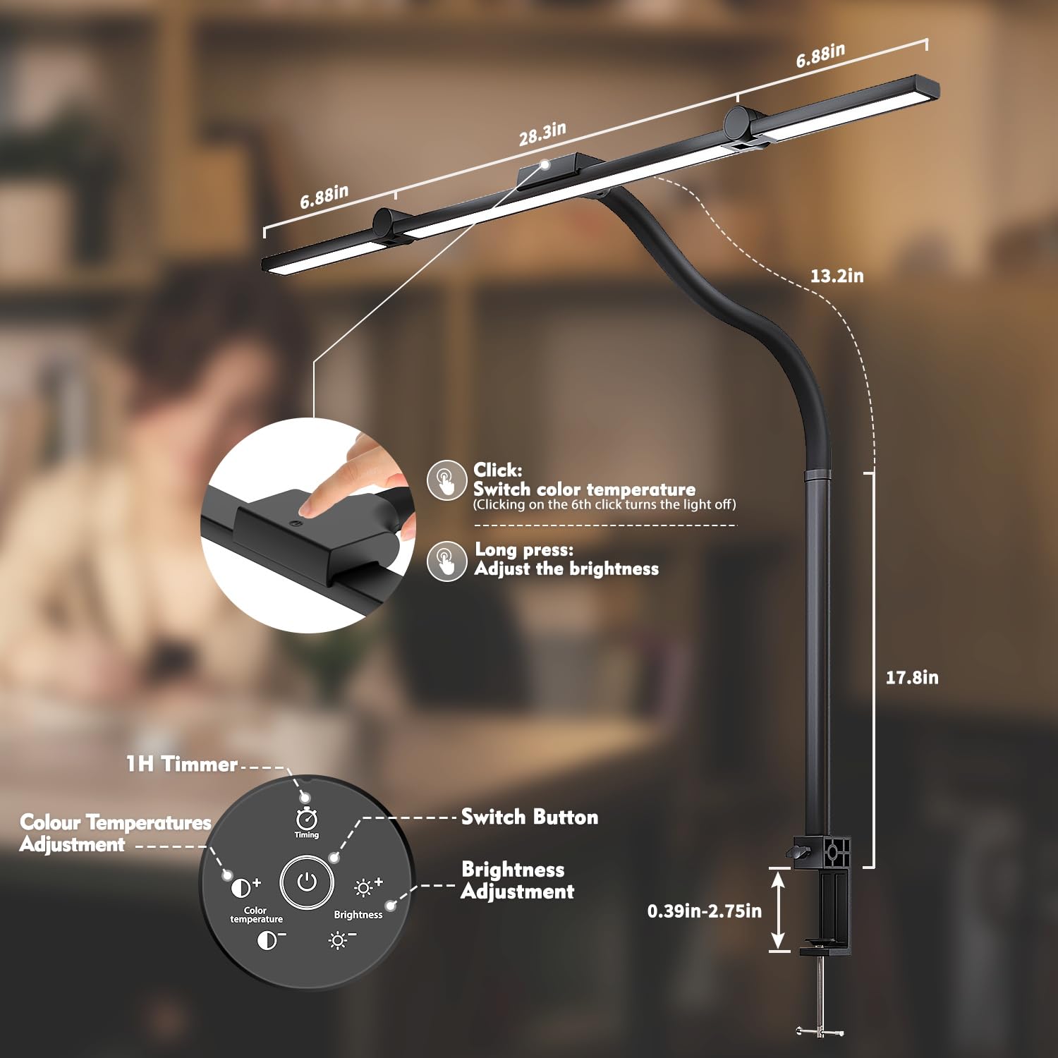 24W LED Desk Lamp with Remote - Adjustable Double Head Architect Lamp, Flexible Gooseneck & Clamp, 5 Color Modes, Eye-Caring Light for Home Office, Computer Work, Drafting & Reading
