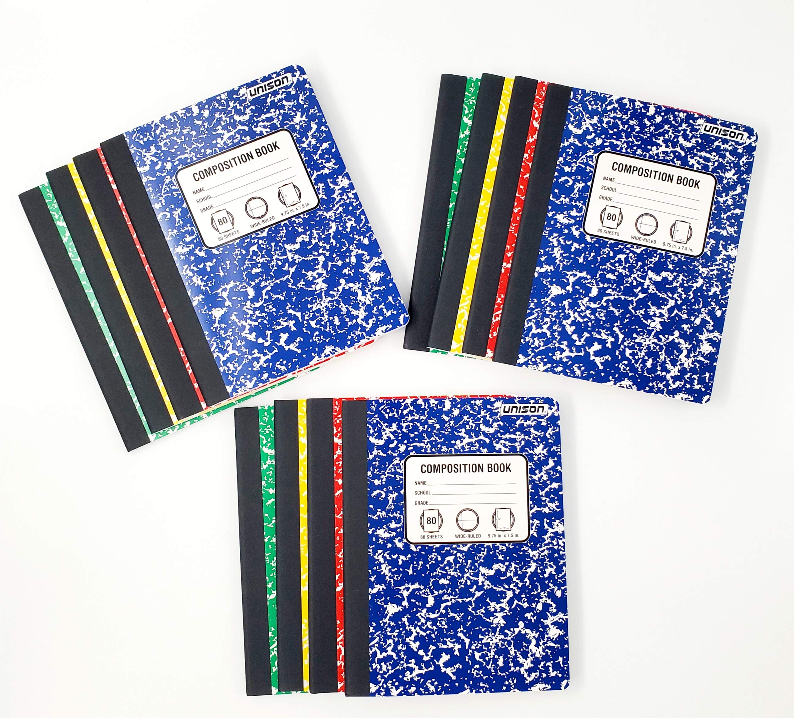 Unison Composition Notebooks (12 Pack) - Wide Ruled, 100 Sheets Each - Perfect for School, College, Office & Journaling