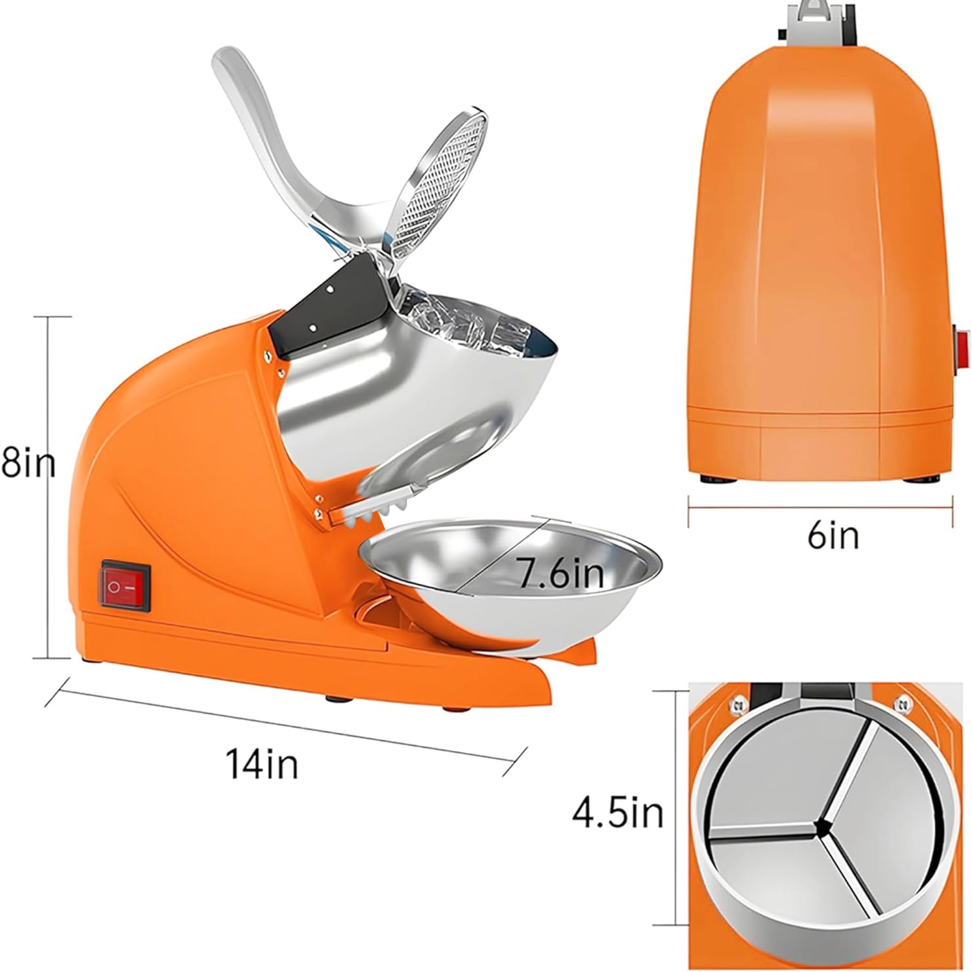 Electric Shaved Ice Machine - 380W 3-Blade Commercial & Home Snow Cone Maker - 286 lb/hr High-Capacity Ice Crusher (Orange) - Perfect for Parties, Events, and Home Refreshments