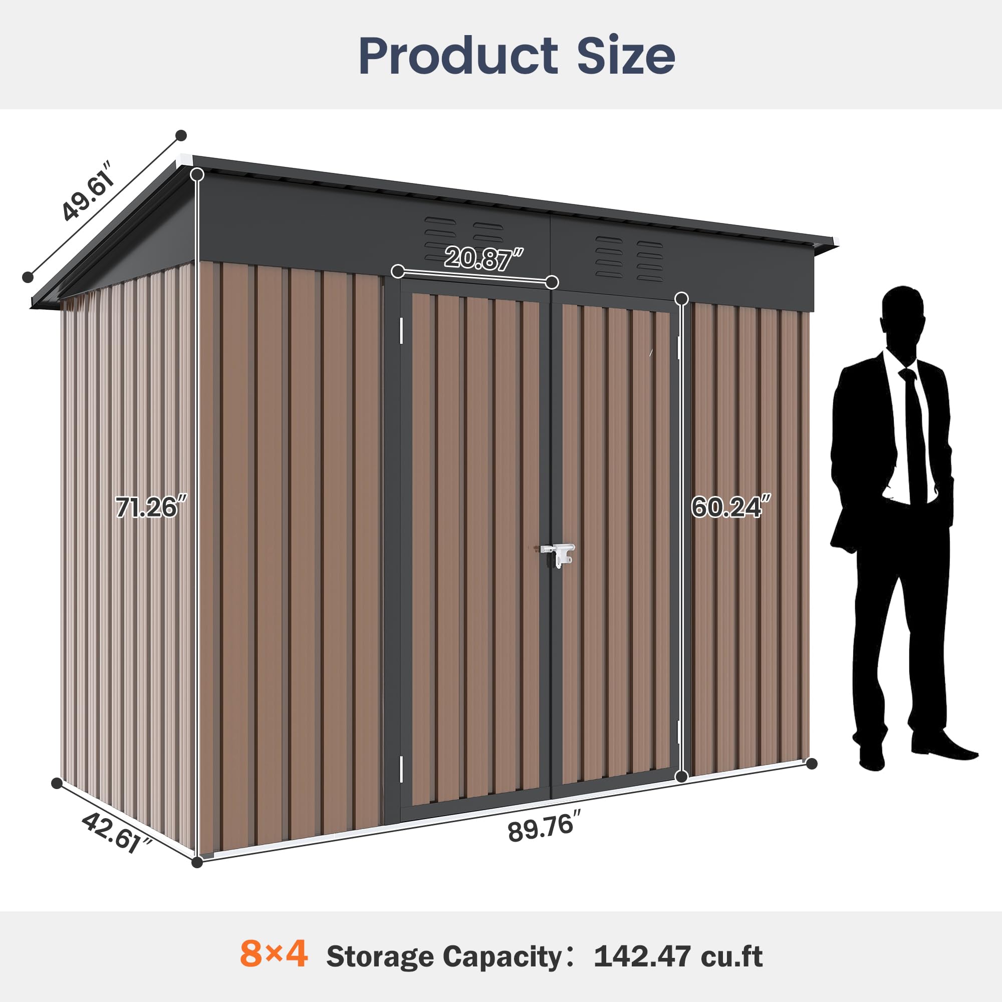 UDPATIO 8x4 FT Outdoor Storage Shed - Galvanized Steel Metal Yard Shed with Lockable Door for Patio, Lawn & Garden - Perfect for Storing Bikes, Lawnmowers, Generators & Tools (Brown)