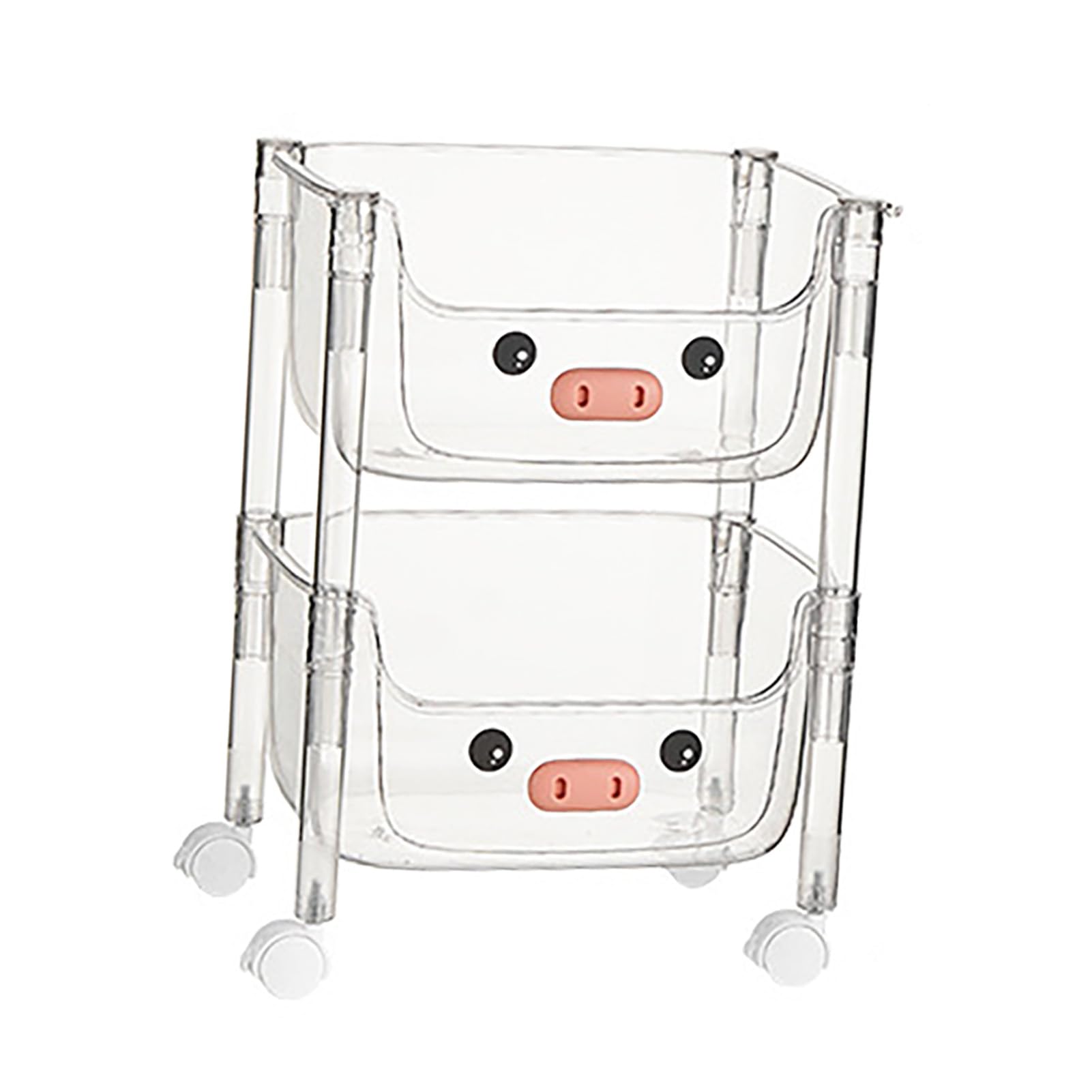 Sturdy 2-Tier Plastic Rolling Cart with Pig Nose Design - Kids Toy Storage Organizer & Snack Caddy for Playroom, Bedroom, or Kitchen Organization