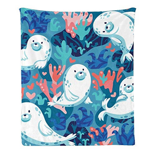 Custom Kids Fleece Blanket with Marine Baby Seals & Coral Design - Personalized Baby Throw Blanket for Bed (30