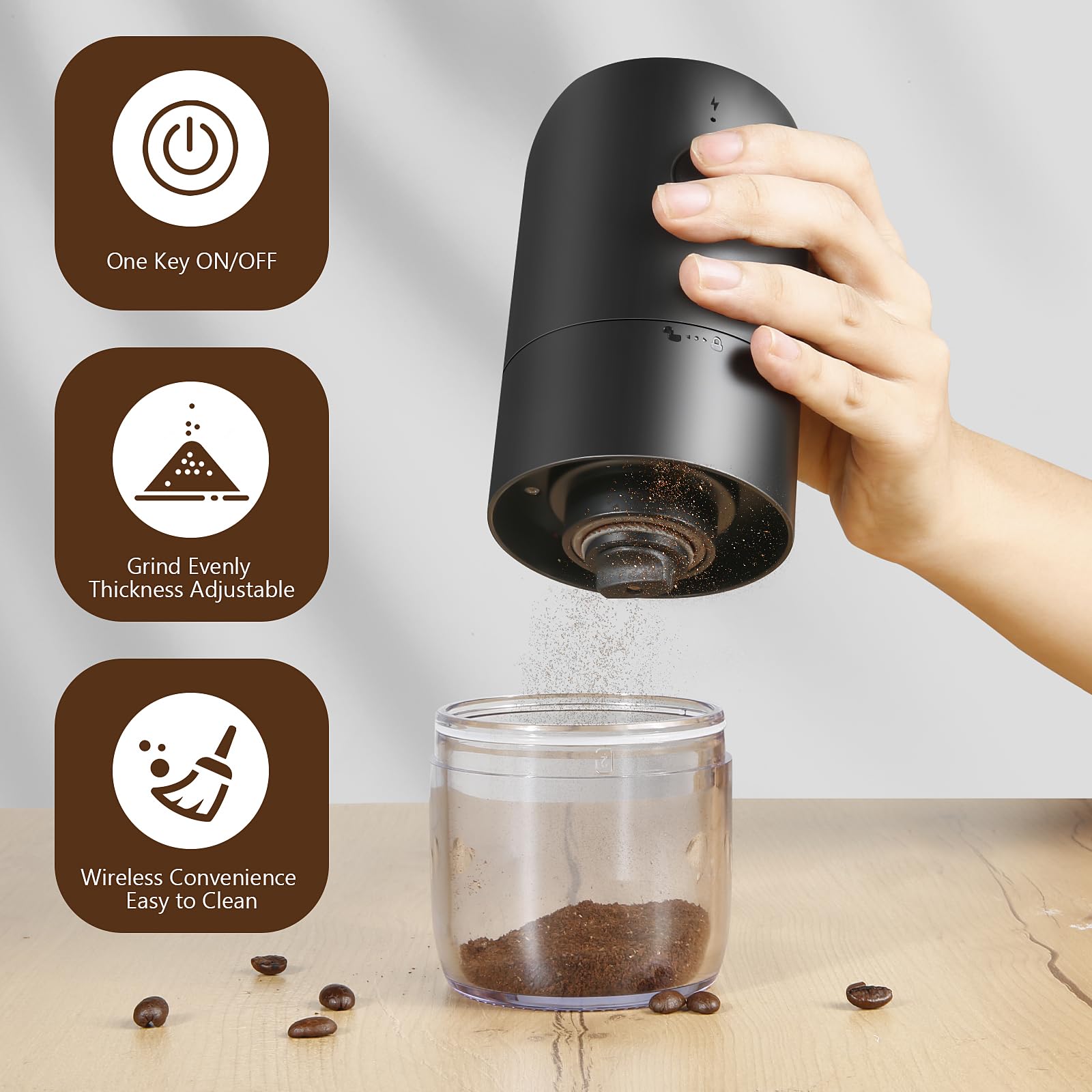 Weinsamkeit Electric Coffee Grinder - Portable USB Rechargeable Coffee Maker with Ceramic Conical Burr, Adjustable Grind Size, Key Start - Perfect for Home, Office & Travel Coffee Brewing