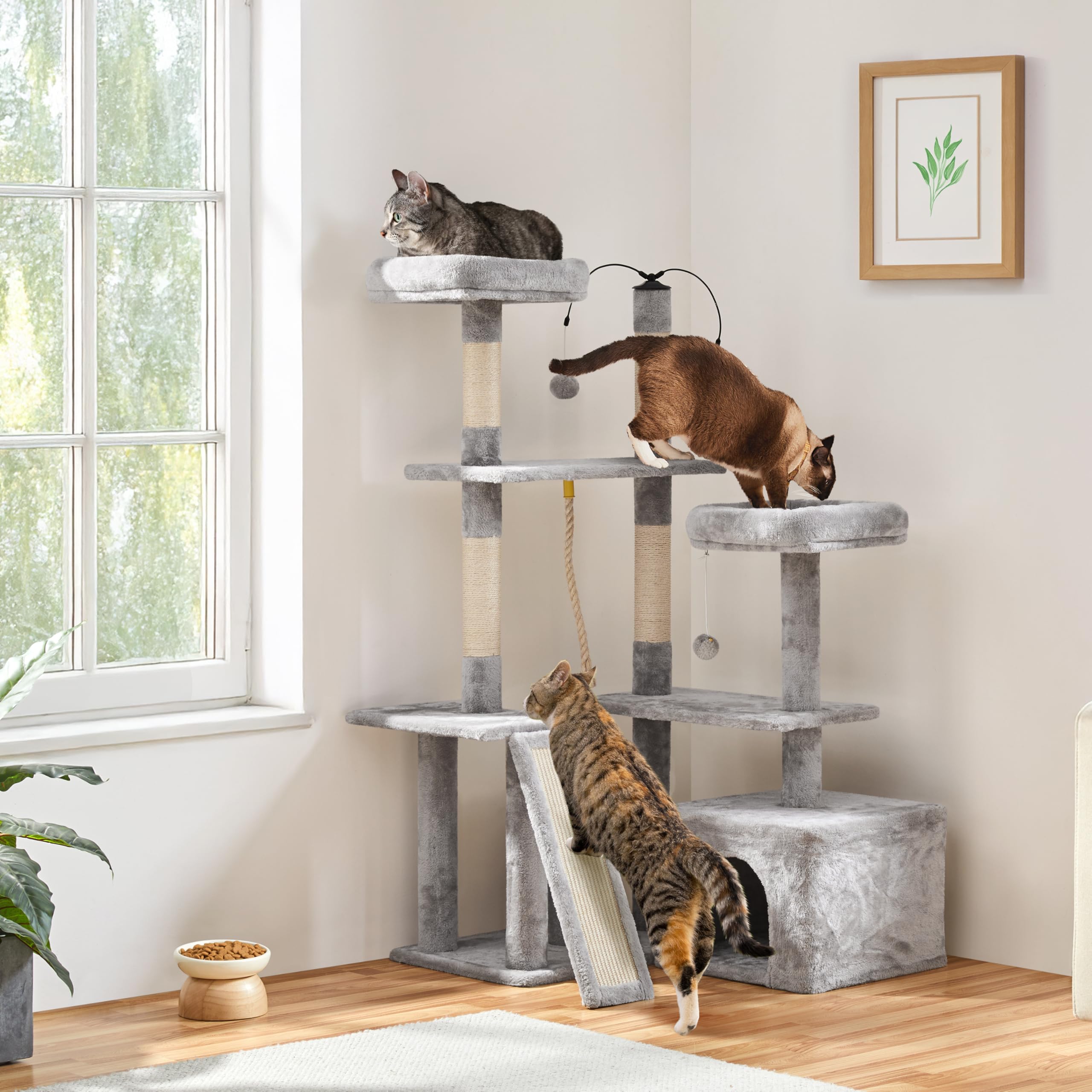 Yaheetech 53.5in Rotatable Cat Tree Tower for Indoor Cats - Multi-Level Climbing House with Scratching Posts, Cat Furniture Play Center in Light Gray - Perfect for Small Spaces & Playful Kittens