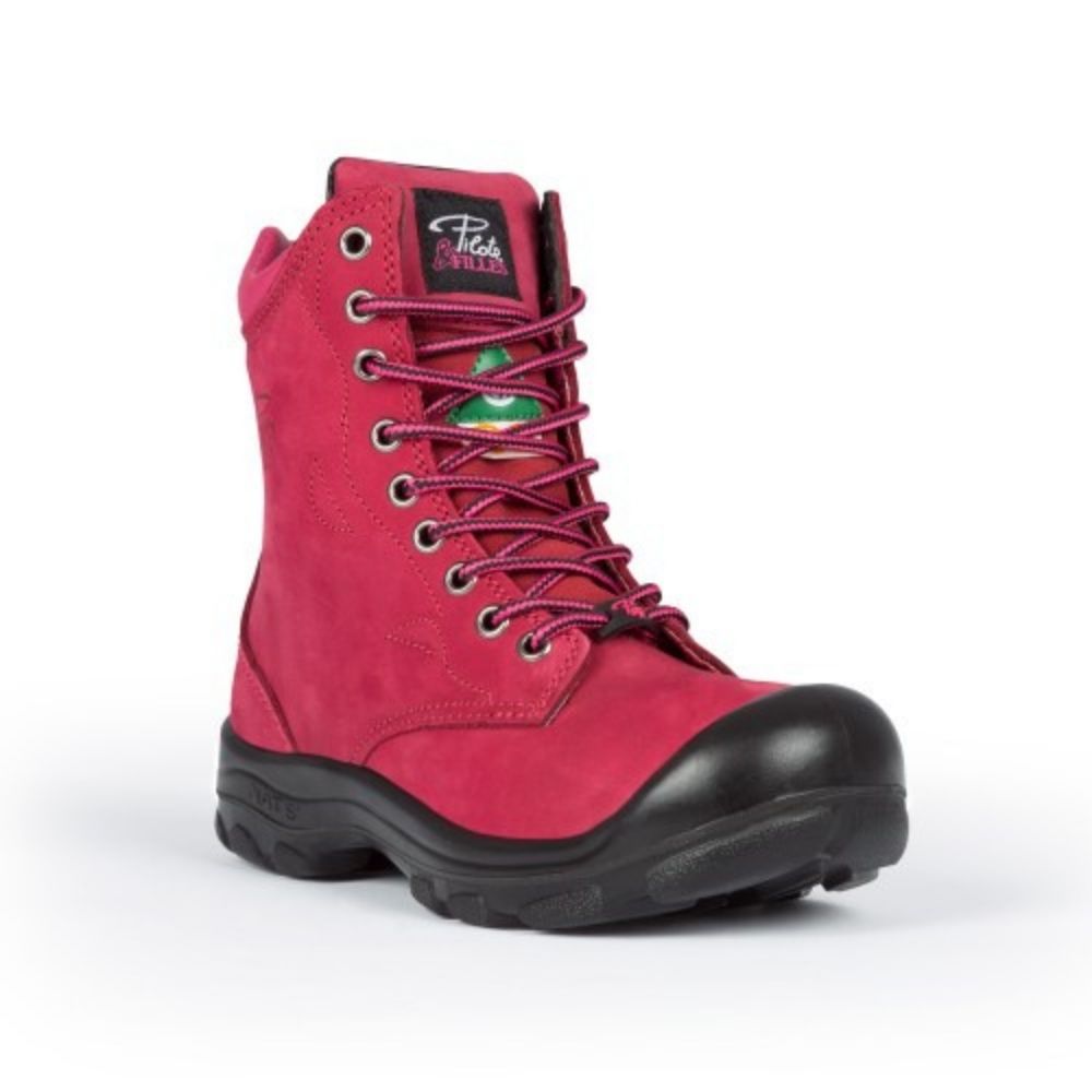 P&F S558 Women's 8 Steel Toe Work Boots with Side Zipper - Comfortable & Durable Safety Shoes for Construction, Warehouse & Outdoor Work (Red)