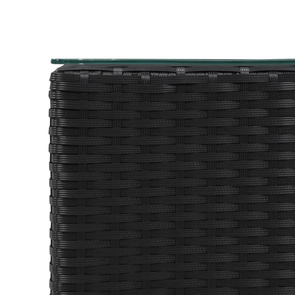 SKM Modern Side Table with Glass Top - Black Poly Rattan Accent Table 13.8