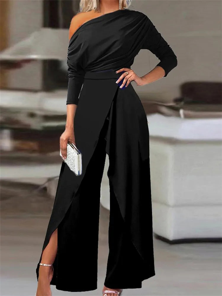 Elegant Women's Jumpsuits - Spring Office Wear Loose Ruched Cold Shoulder Split Hem Wide Leg Romper for Work, Party & Casual Outfits | Plus Size Options Available