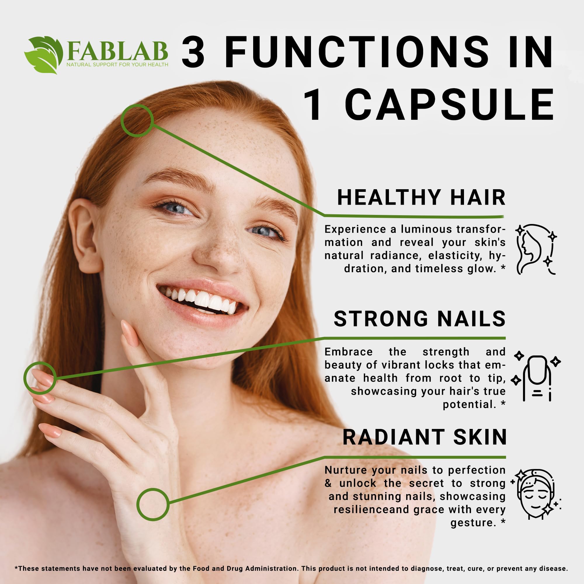 FabLab Biotin 10000 mcg with Collagen & Keratin - Hair Skin Nails Supplement for Women & Men - Supports Healthy Hair Growth, Strong Nails & Glowing Skin - Made in USA, 120 Capsules - Perfect for Daily Beauty Routine & Wellness Support
