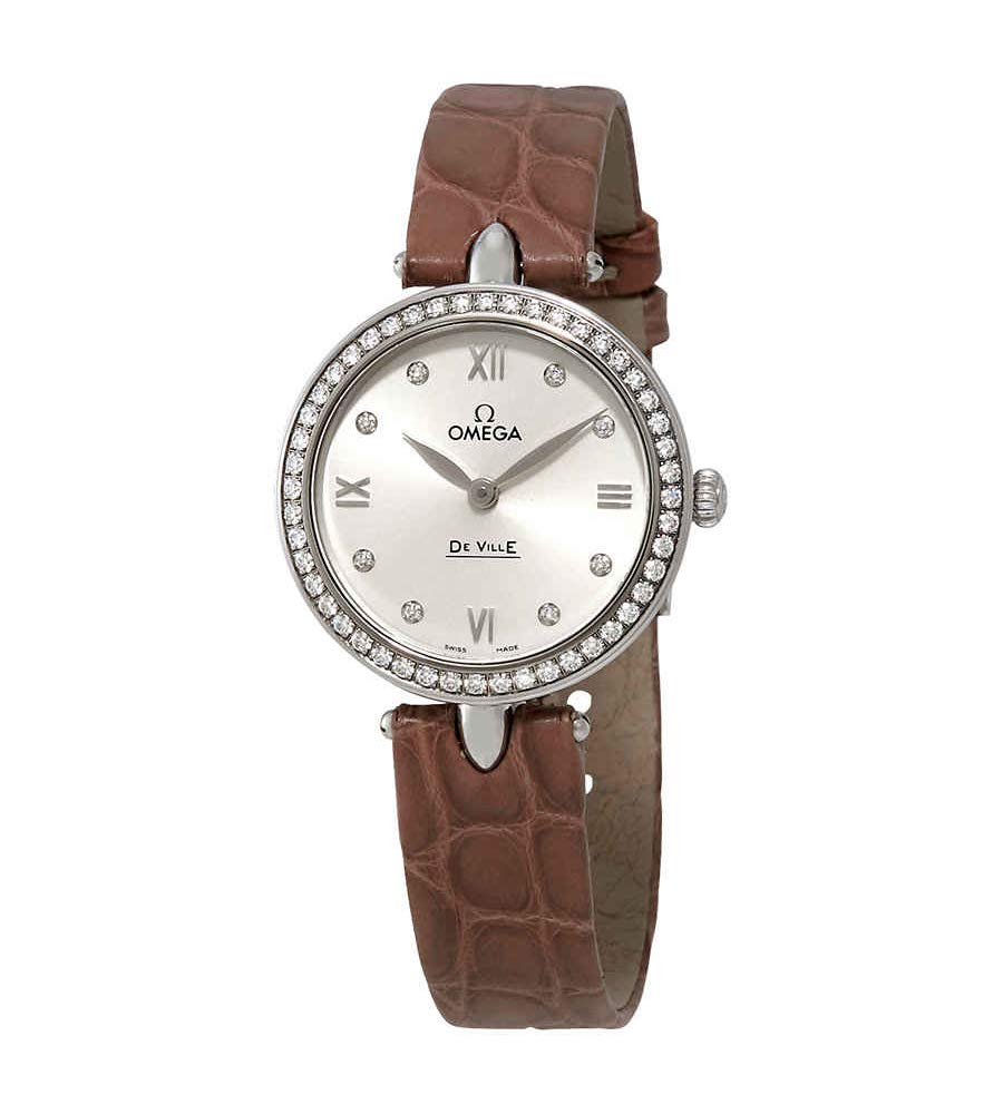 Omega De Ville Prestige Diamond Ladies Watch 424.18.27.60.52.001 - Luxury Swiss Automatic Watch for Women with Diamond Bezel, Silver Dial & Leather Strap - Perfect for Business, Gala & Special Occasions