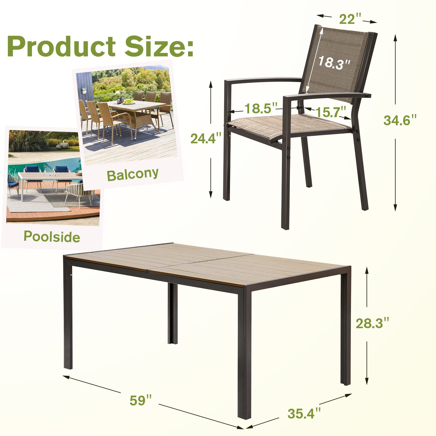 Homall 7-Piece Outdoor Patio Dining Set with 6 Stackable Textilene Chairs & Large Table - Beige Garden Furniture for Yard, Porch, Poolside & Backyard Entertaining