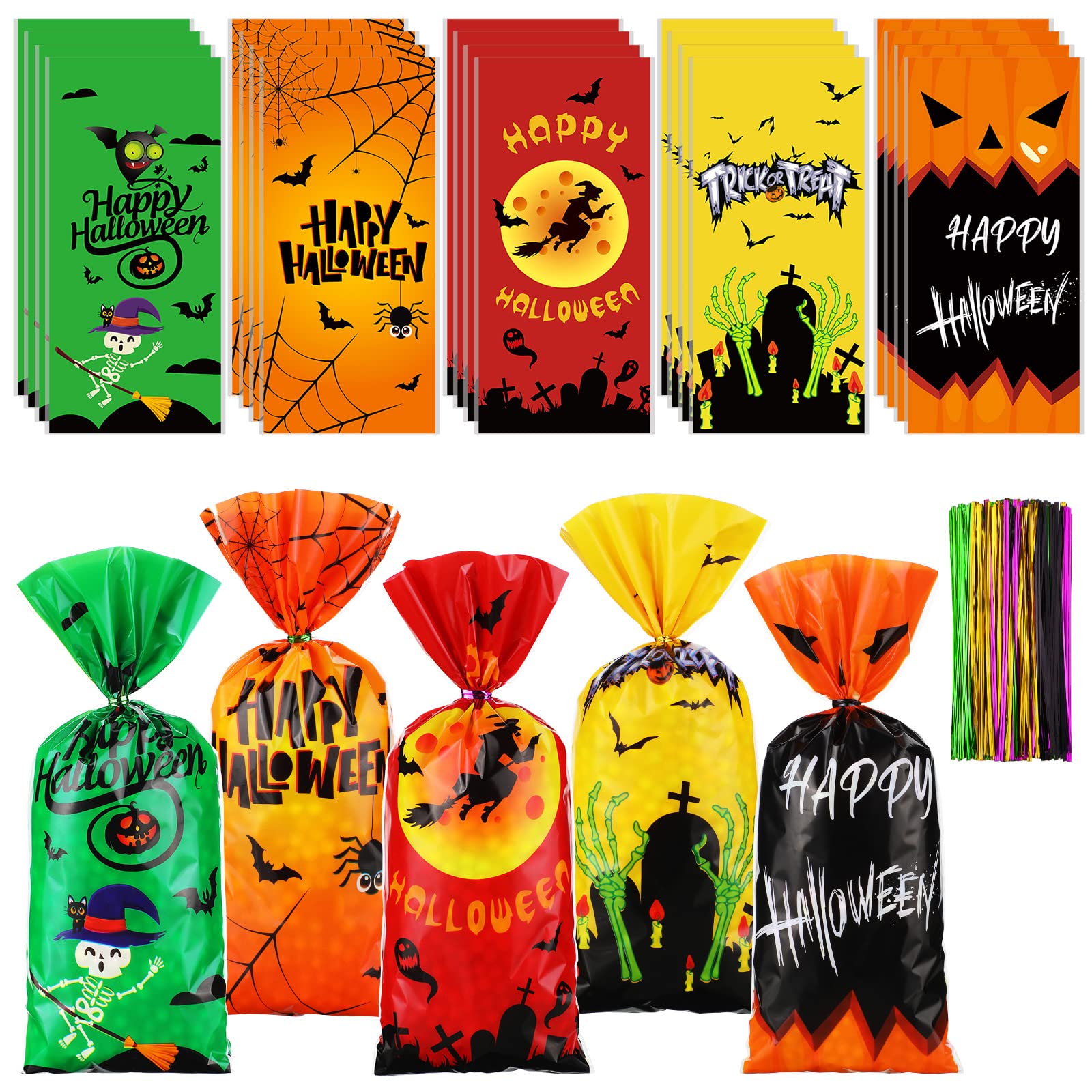 100 Pcs Halloween Cellophane Bags - Creepy Carnival Party Favors, Plastic Treat Bags with Ties for Candy & Goodies - Spooky Halloween Circus Decorations & Gift Supplies (Classic Style) - Perfect for Trick-or-Treating, Classroom Treats & Halloween Party Favors