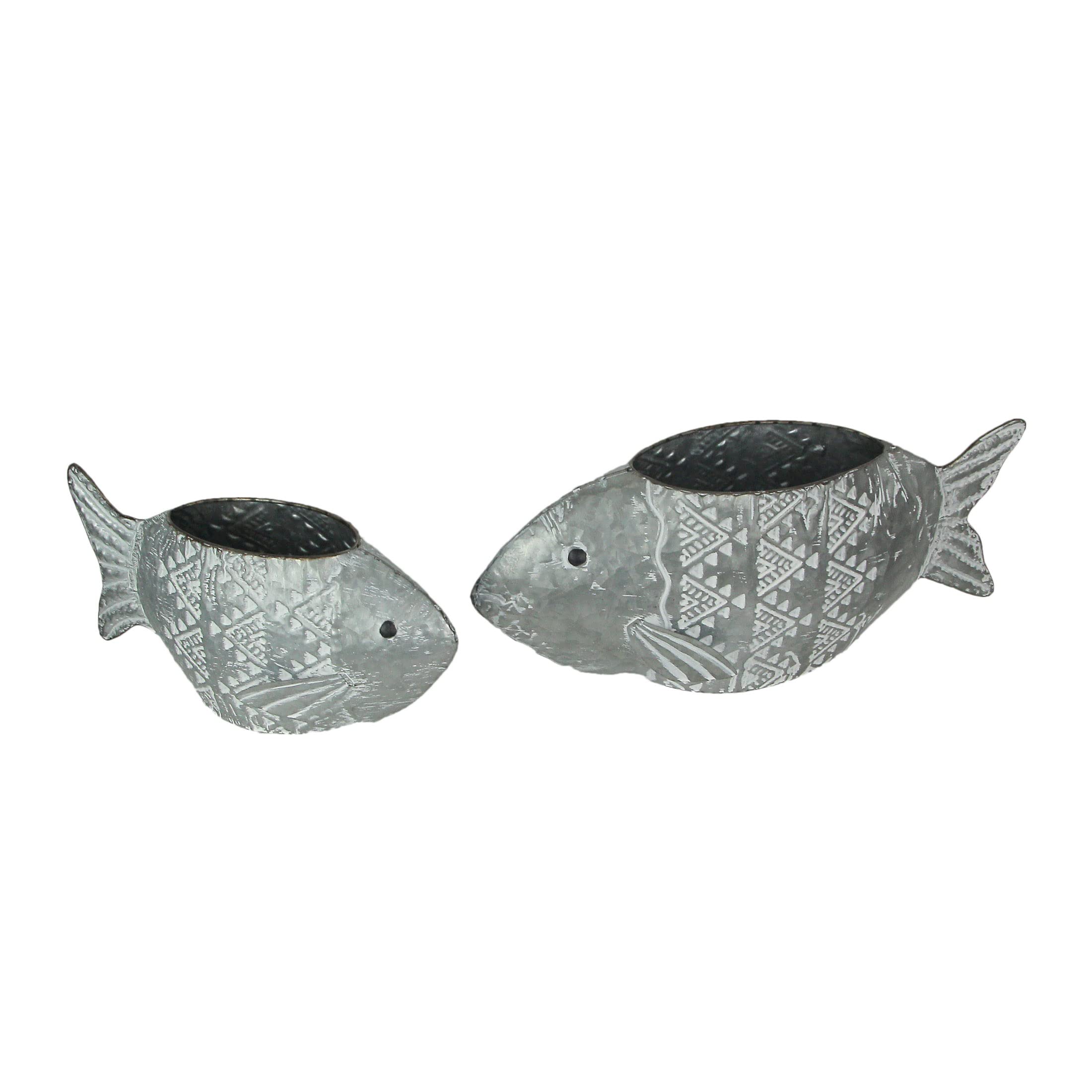 Gerson Galvanized Metal Fish Planter Set of 2 - 16.5 Inch & 12.5 Inch Rustic Flower Pots for Home Garden Decor, Indoor Outdoor Plant Containers - Perfect for Patio, Balcony, and Yard Decoration