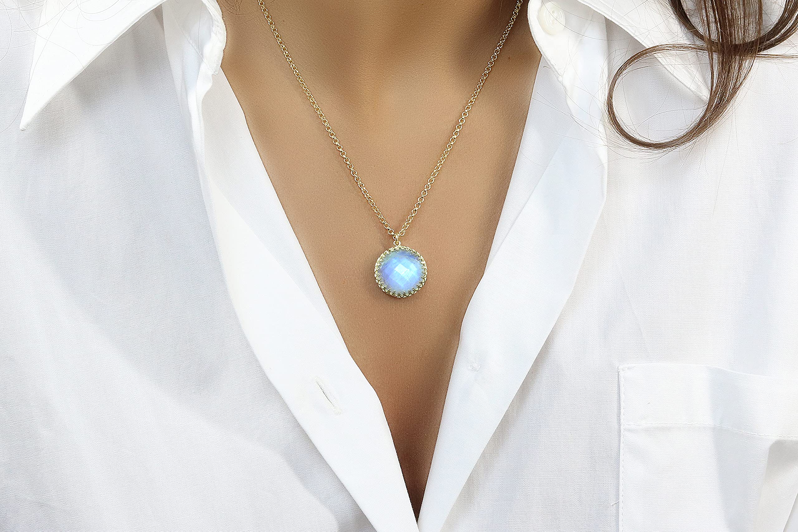 16MM Round Rainbow Moonstone Pendant Necklace for Women - Natural Gemstone Crystal Jewelry - Handmade Long Chain Necklace for Elegant Occasions, Boho Style & Everyday Wear