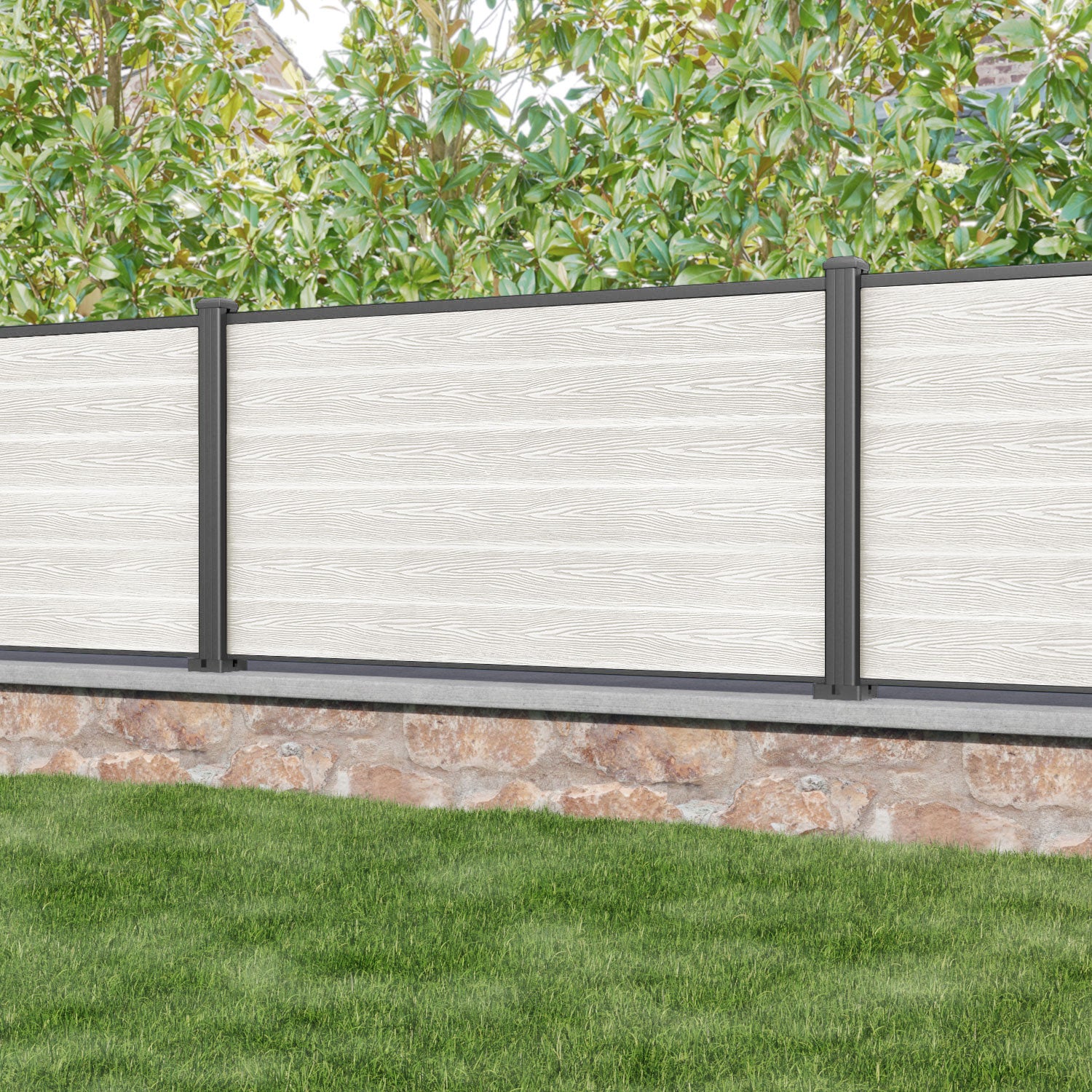 Classic Light Stone Fence Panel with Aluminum Posts - Durable Outdoor Privacy Fence for Backyard, Garden, and Pool Areas