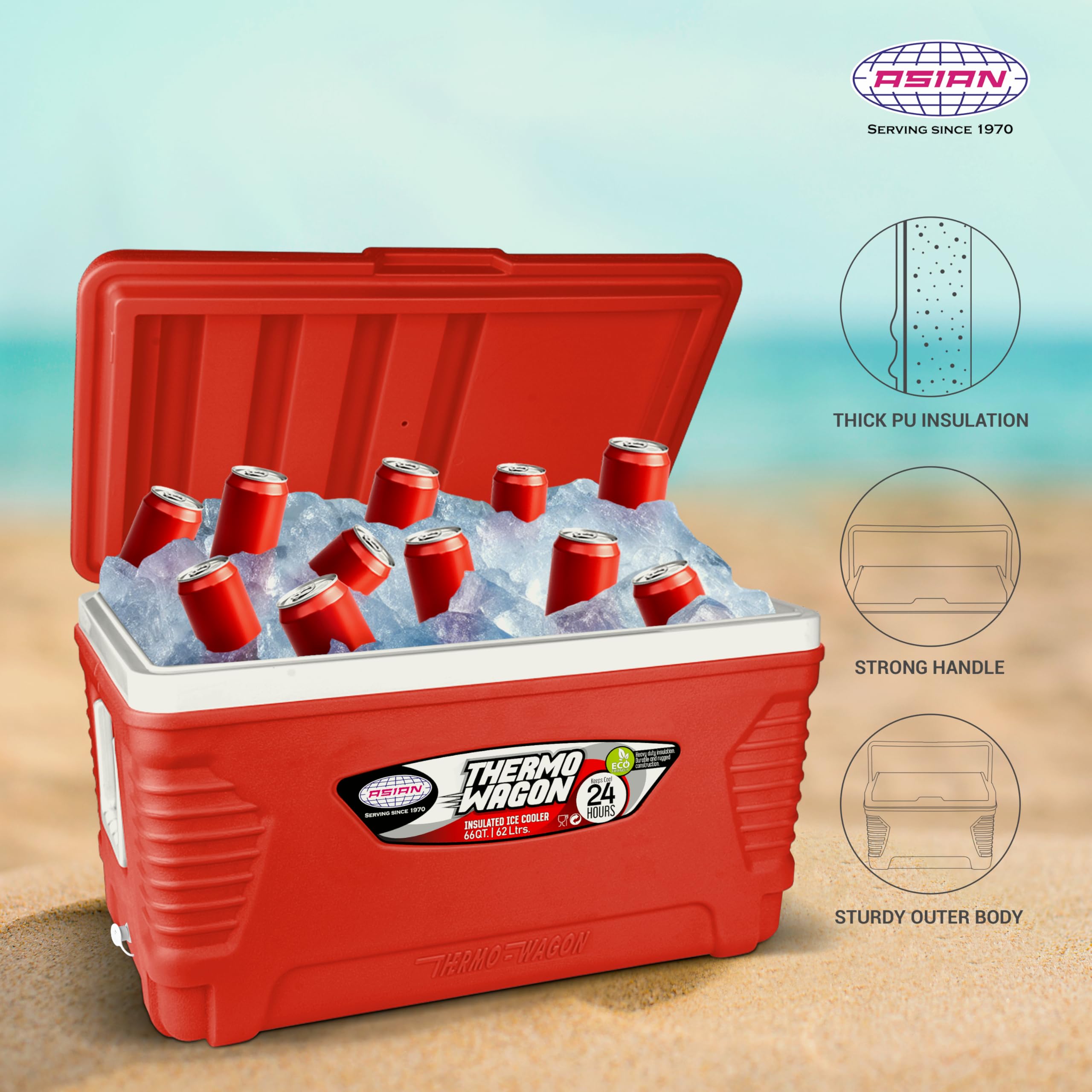 Asian Plastowares - Thermowagon Star 62L Insulated Cooler for Drinks | Portable Ice Chest for Parties, Travel & Medical Use | Keeps Beverages, Cans & Ice Cubes Cold | Red Standard Size Cooler Box for Outdoor Activities & Picnics