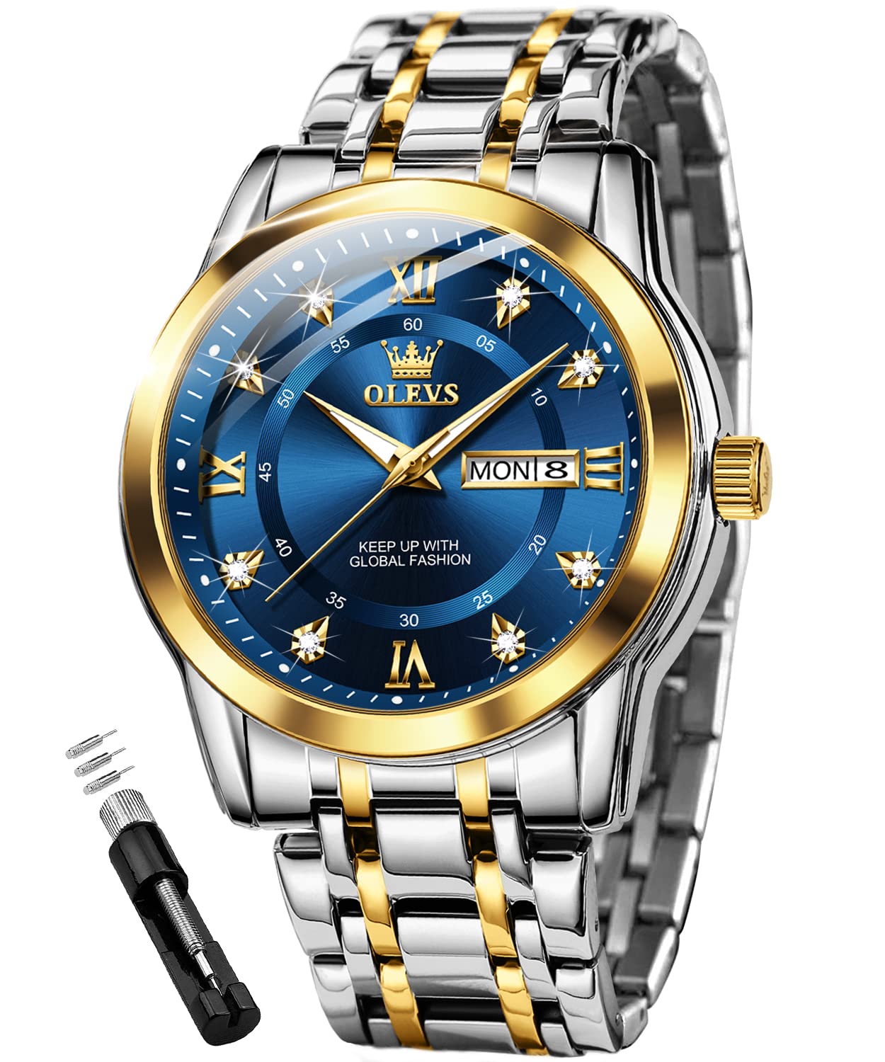 OLEVS Men's Luxury Diamond Watch - Stainless Steel Business Dress Wristwatch with Quartz Movement, Waterproof & Luminous Day Date Display - Perfect for Formal Events, Office Wear & Special Occasions