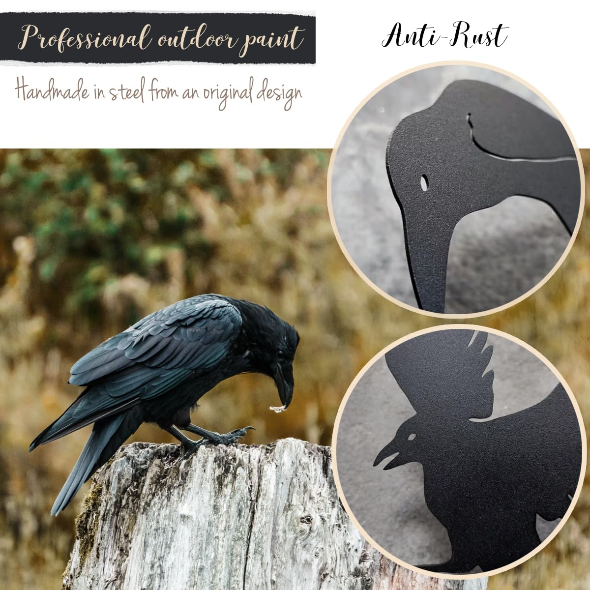 Gothic Metal Raven Statue - Black Crow Decor for Garden, Fence Topper, Outdoor Halloween & Easter Decorations - Perfect for Gothic Home, Yard, and Halloween Party Scenes