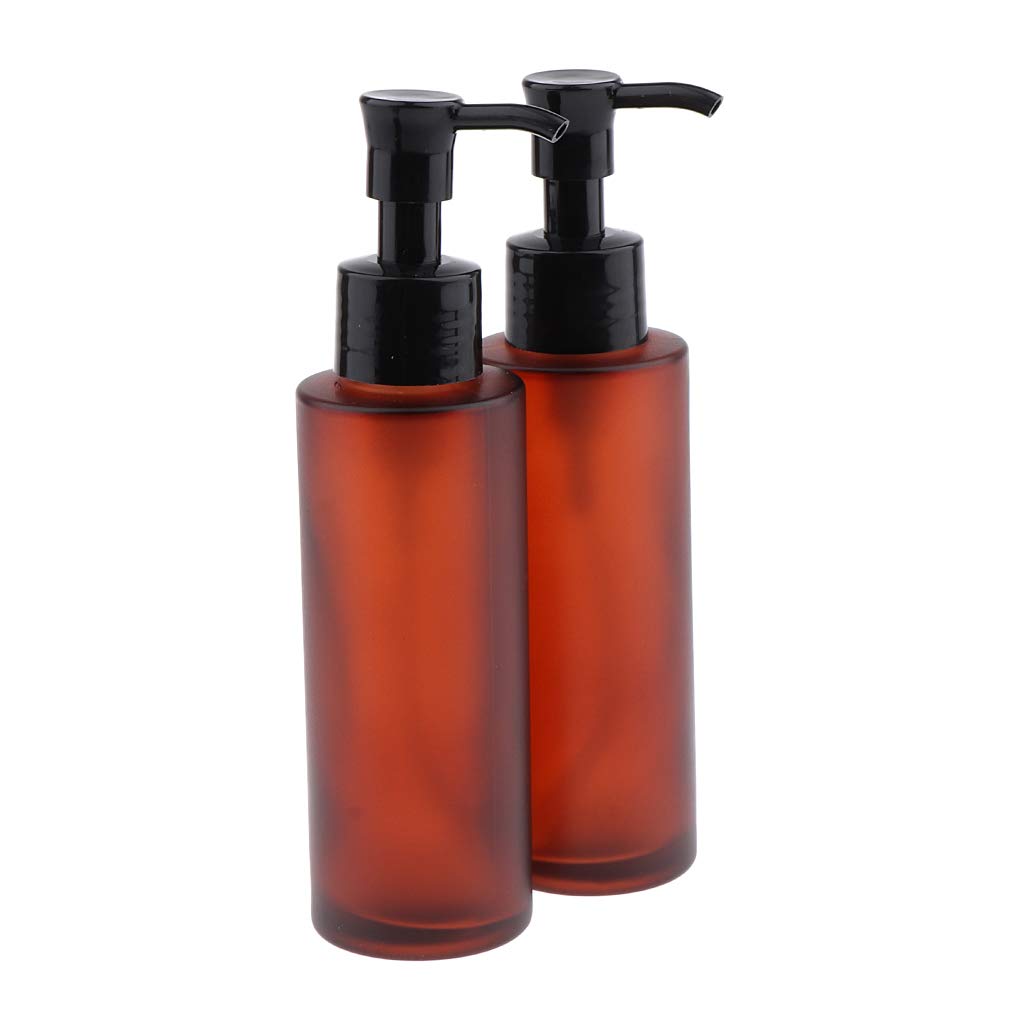 Freneci 2 Pack 100ml Amber Glass Cosmetic Pump Bottles with Long Tip Dispenser - Essential Oil, Lotion & Serum Containers for Travel, Bathroom & Salon Use