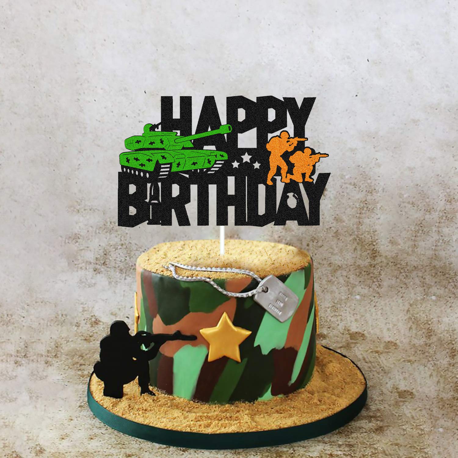 Army Camo Happy Birthday Cake Topper - Double Sided Black Sparkle Tank Decor for Kids, Boys & Girls | Military Soldier Themed Birthday Party Supplies | Perfect for Camouflage Army Themed Celebrations & Cake Decorations
