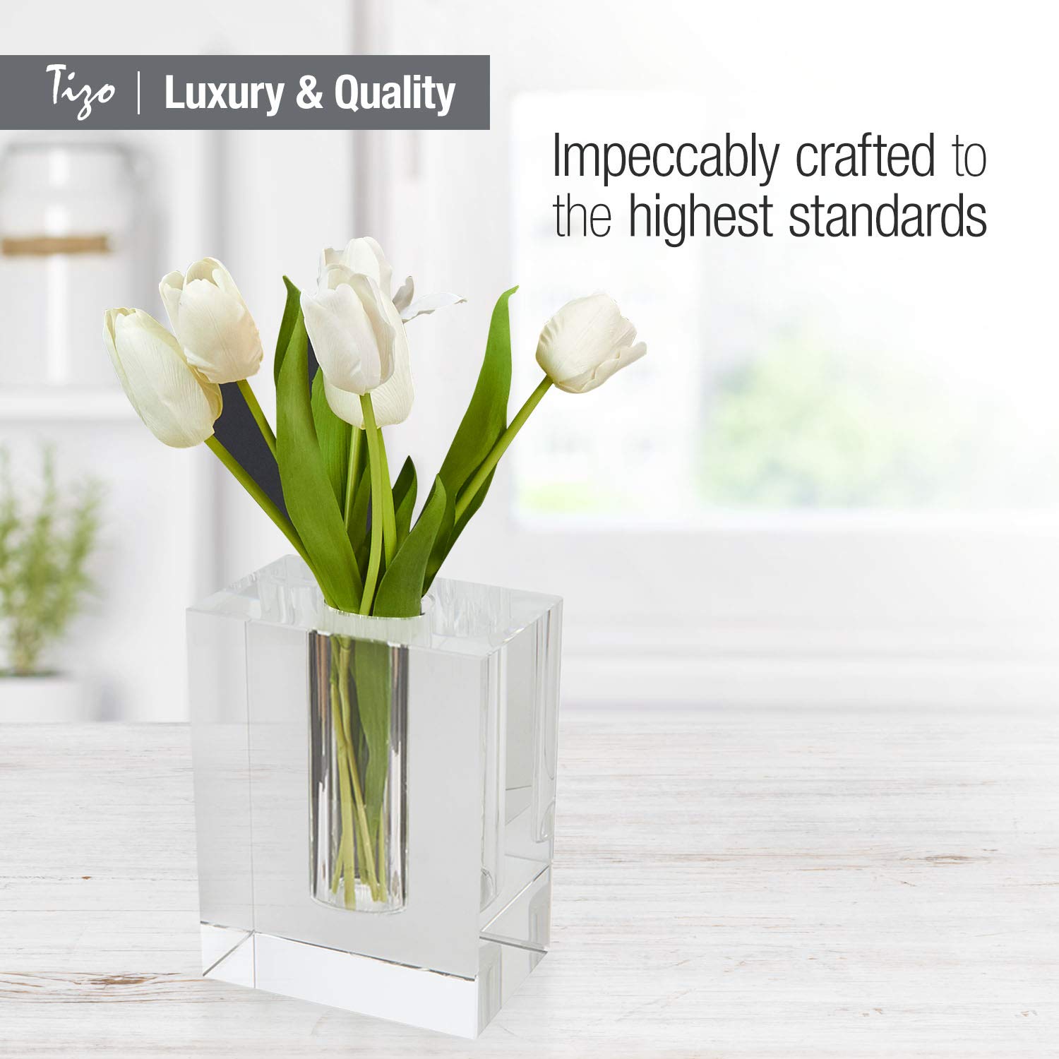 Tizo Design Elegant Clear Crystal Glass Vase - Heavy Square Block Tabletop Vase for Home Decor, Wedding Centerpiece & Office Desk (4
