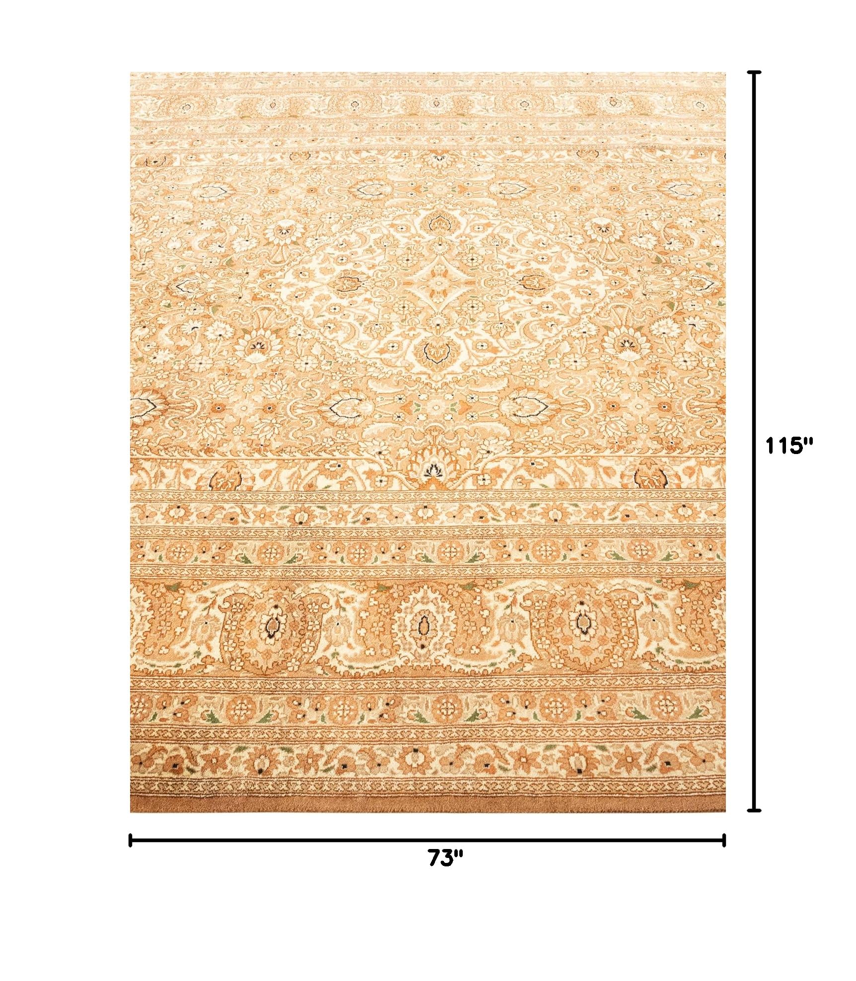 Handmade Traditional Oriental Mogul Yellow Wool Area Rug 6x9 ft - Unique Hand-Knotted Solo Rugs for Living Room, Bedroom & Dining Room Decor