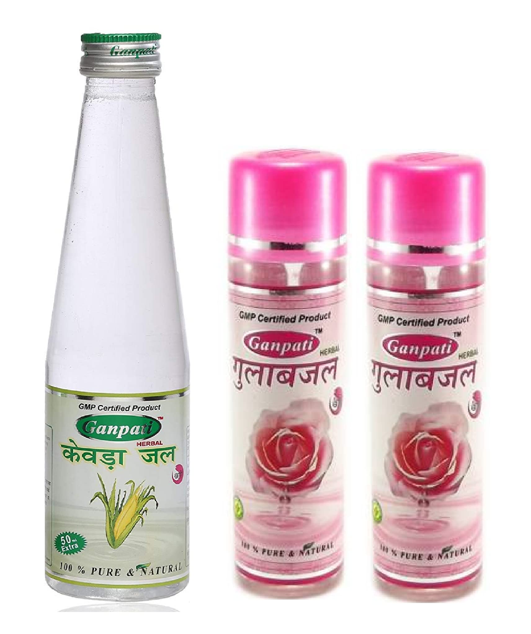 Ganpati Herbal Rose Water 100ml + Kewra Water Toner 250ml (Pack of 3) - Natural Face Toner for Glowing Skin, Tightening & Refreshing - Perfect for Daily Skincare Routine & Facial Hydration