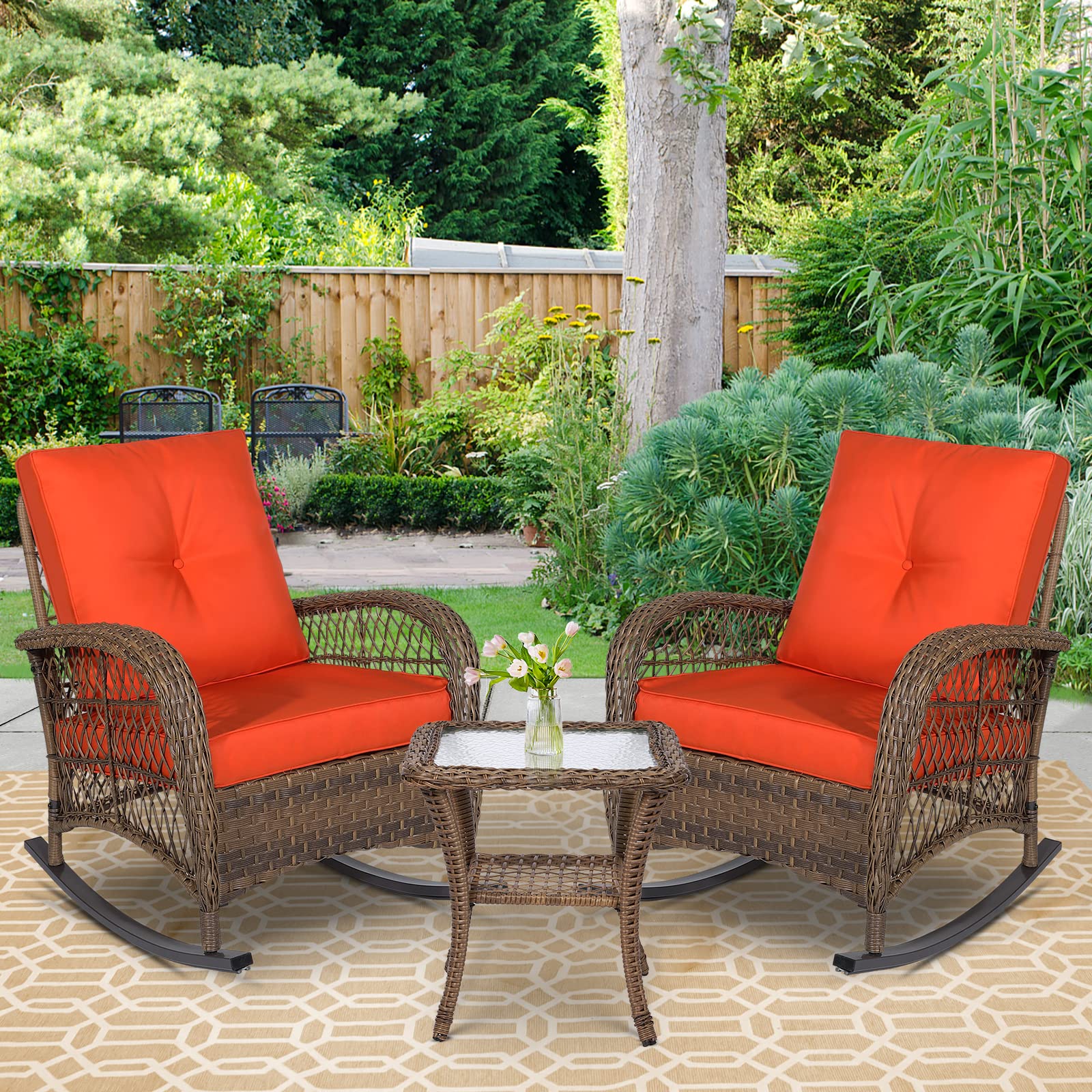 3-Piece Outdoor Patio Rocking Chair Set with Cushions & Glass-Top Coffee Table - Rattan Bistro Conversation Set for Porch, Backyard & Garden - Perfect for Relaxing, Entertaining & Outdoor Dining (Orange)