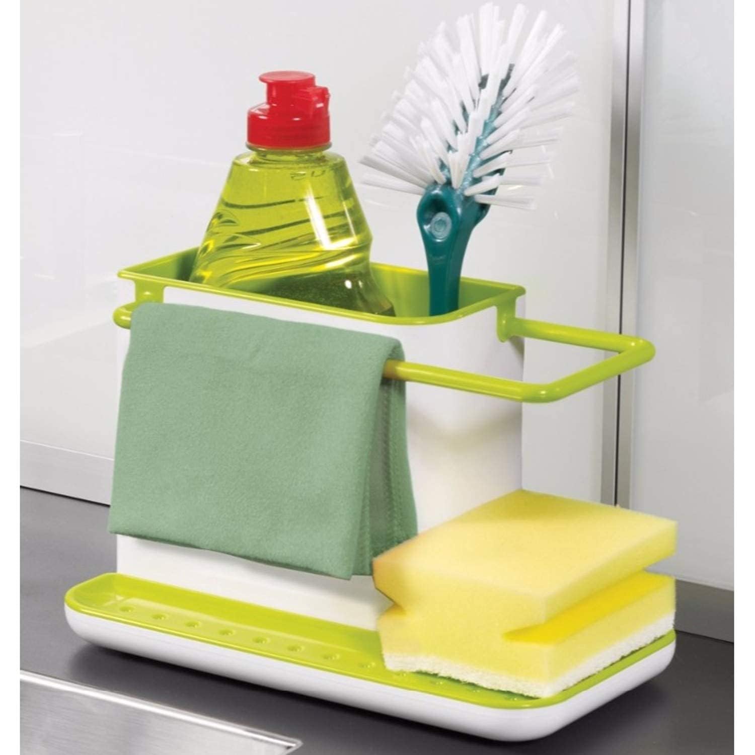 HEBEZON 3-in-1 Kitchen Organizer Stand - Wall Mounted Sink Caddy with Dish Drainer, Soap Dispenser & Sponge Holder - Space Saving Multicolor Rack for Dishwasher Liquid & Scrubbers - Perfect for Small Kitchens, Apartments & RVs