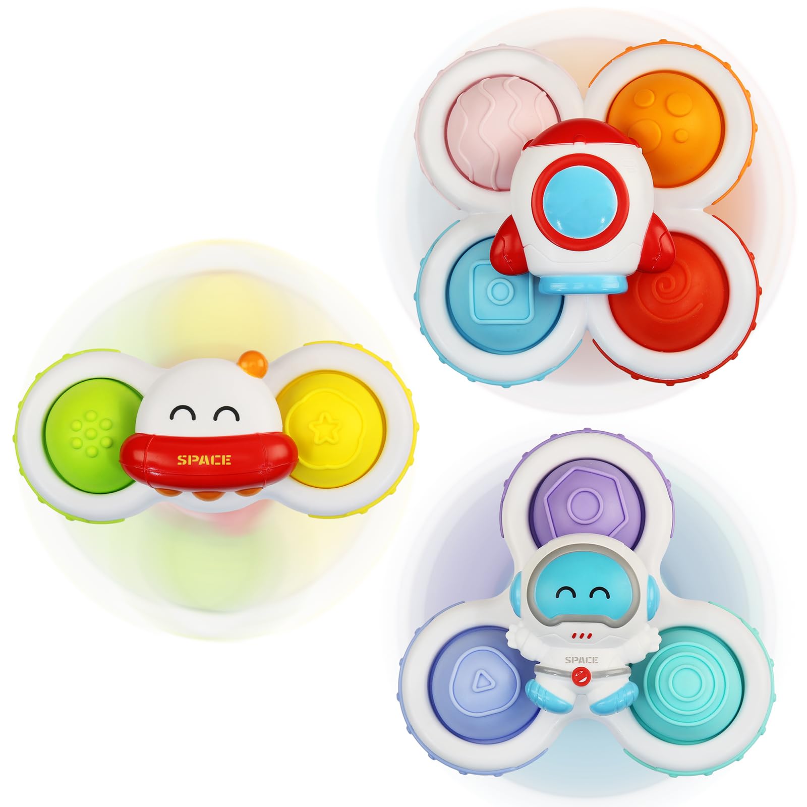 Sensory Toys for Toddlers 1-3 Years Old - 3 Pack Suction Cup Spinning Top Toys for Babies 12-18 Months | Fun Developmental Learning Toys for Boys & Girls | Perfect Gift for Birthday & Christmas (Spaceship Series) - Great for Sensory Play, Fine Motor Skills Development & Early Learning Activities