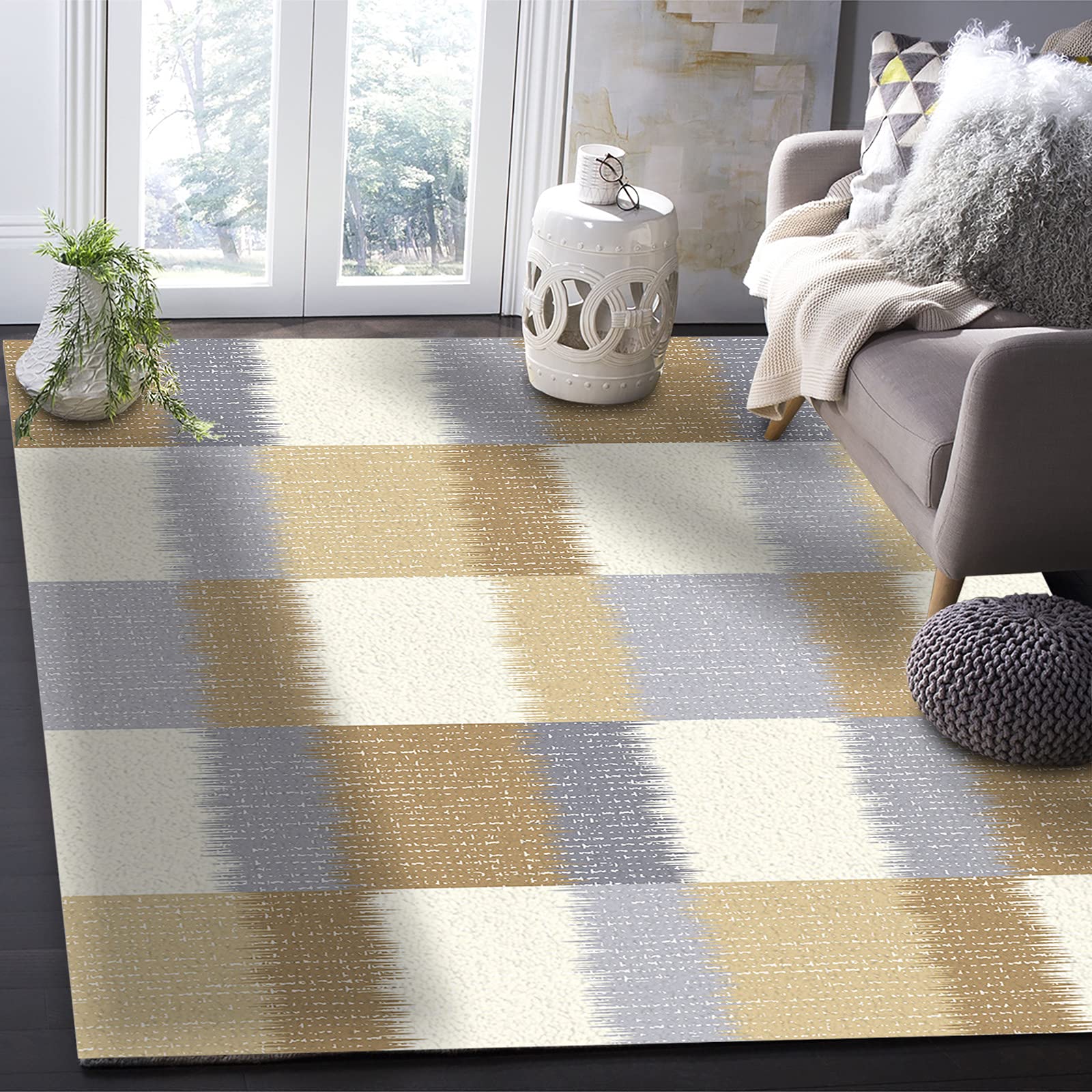 4'x7' Abstract Beige Plaid Area Runner Rug - Modern Washable Carpet for Indoor/Outdoor Use - Perfect for Kitchen, Living Room, Bathroom, Bedroom, Classroom & Laundry Room - Non-Slip Doormat & Welcome Mat with White Backing