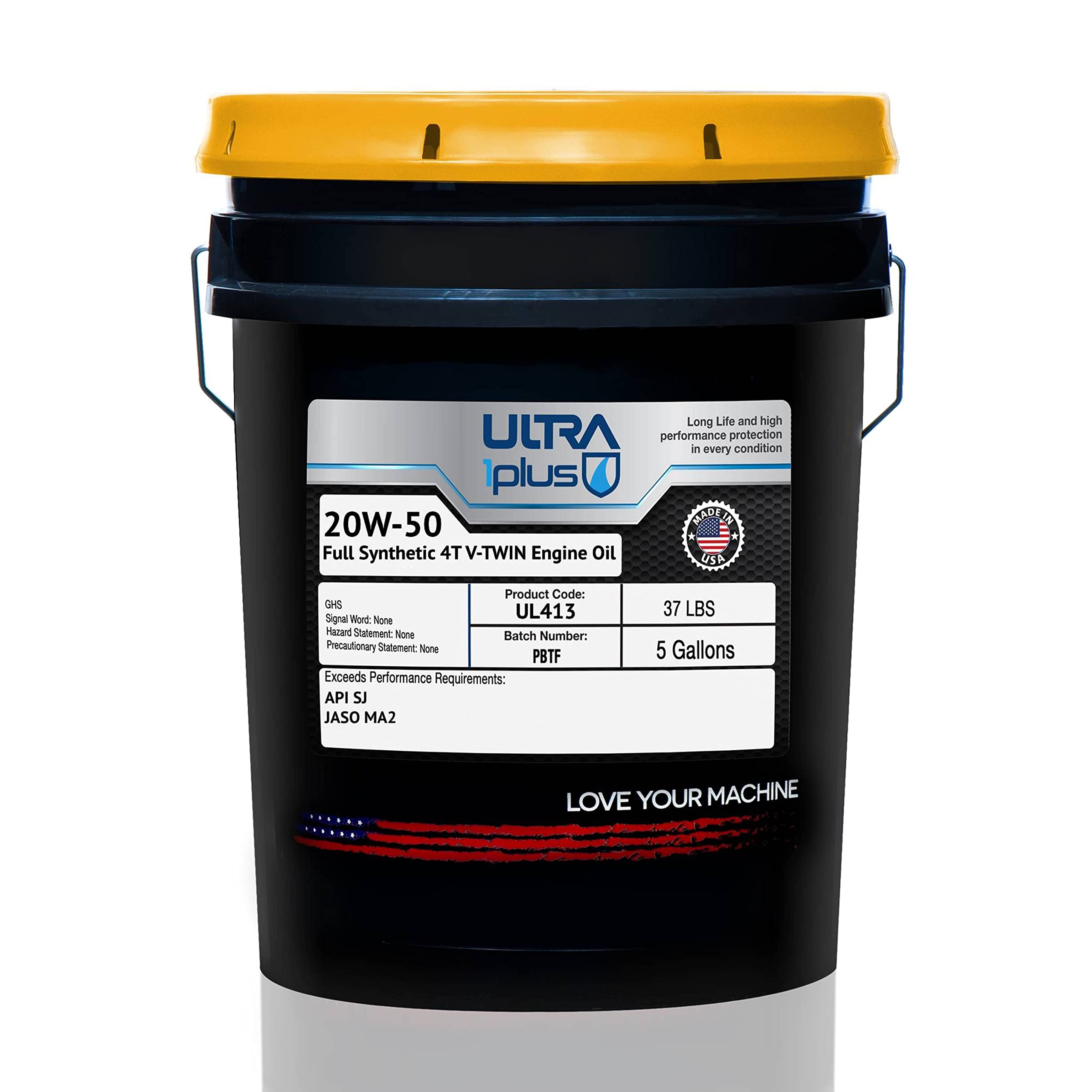 Ultra1Plus SAE 20W-50 Full Synthetic Motorcycle Engine Oil for V-Twin Engines - API SJ JASO MA2 Certified | 5 Gallon Pail | Ideal for Harley Davidson, Cruisers & High-Performance Bikes