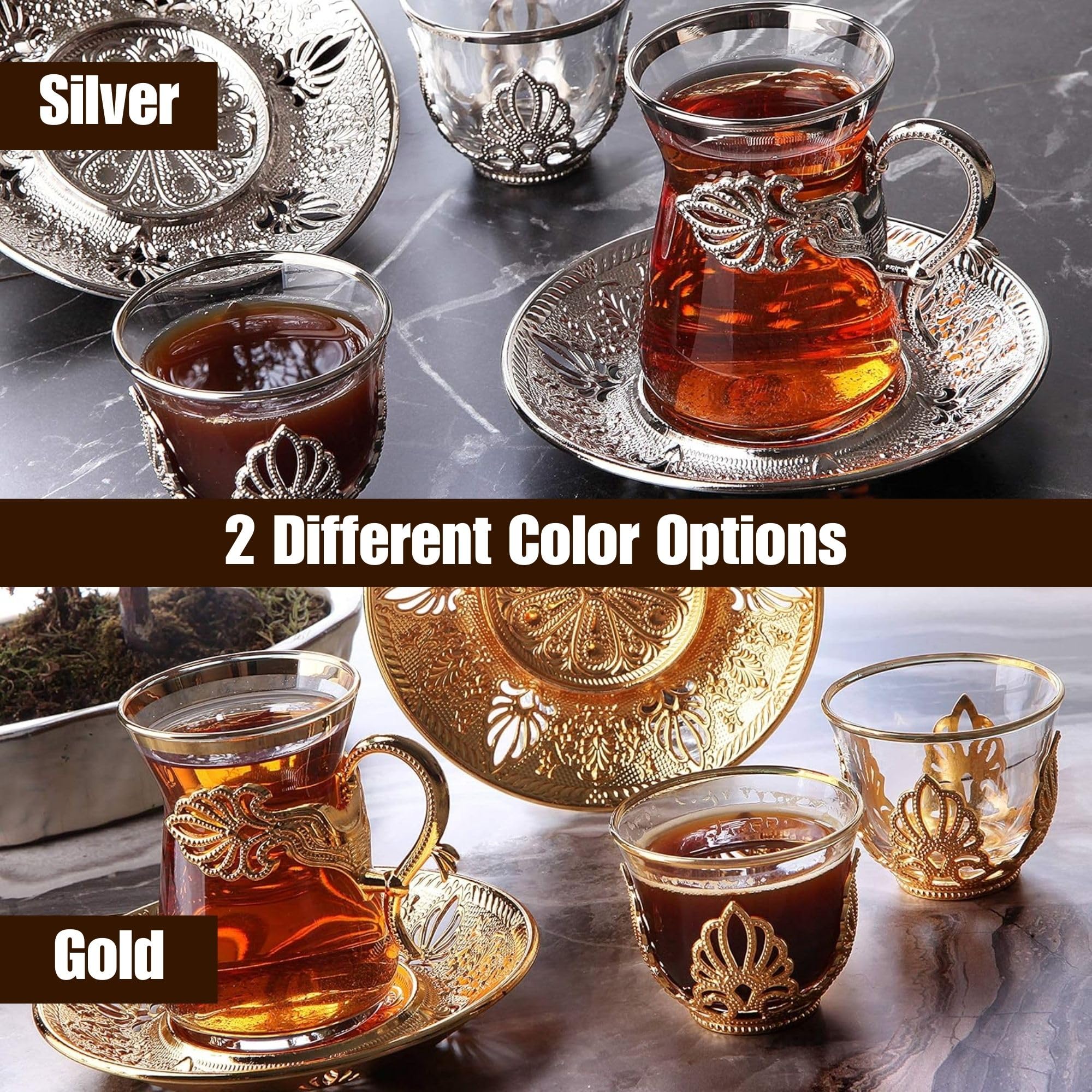 Vintage Handmade Turkish Tea Glasses Set of 6 with Saucers & Holder - Ottoman Style Mırra Cups for Serving Guests, Tea Time & Dinner - Elegant Gold Tableware for Housewarming Gifts & Special Events