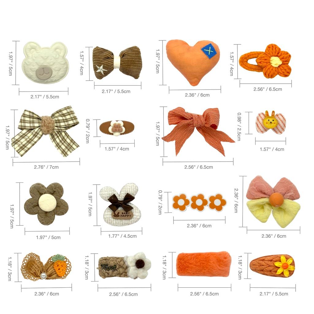 16 Pcs No Slip Hair Clips for Girls - Assorted Barrettes with Bows in Orange & Brown - Cute Hair Accessories for Toddlers, Kids & Teens - Perfect for School, Parties & Daily Styling Gifts
