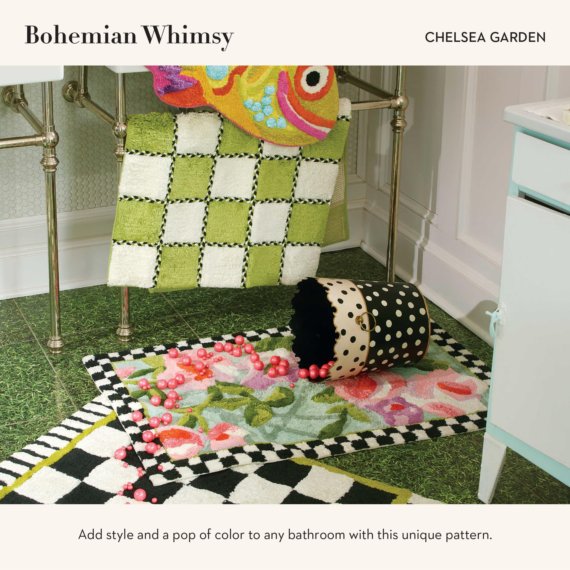 MACKENZIE-CHILDS Chelsea Garden Cotton Bath Rug - Non-Slip Absorbent Bath Mat for Bathroom, Shower & Vanity Area - Soft Machine Washable Floor Mat for Home Decor