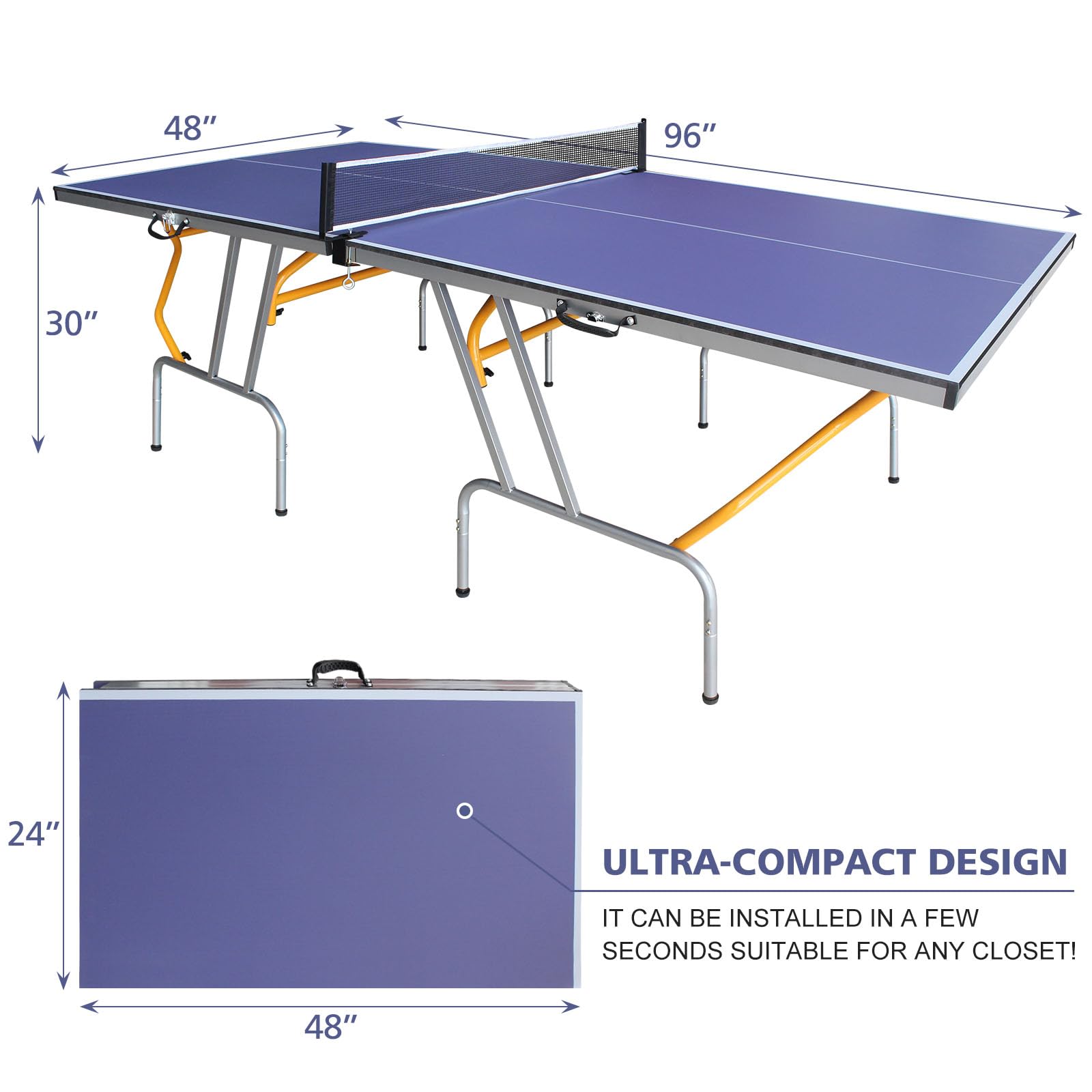 8FT Foldable & Portable Ping Pong Table Set with 2 Paddles, 3 Balls & Net - Indoor/Outdoor Table Tennis for Home, Office, Backyard & Gym Use