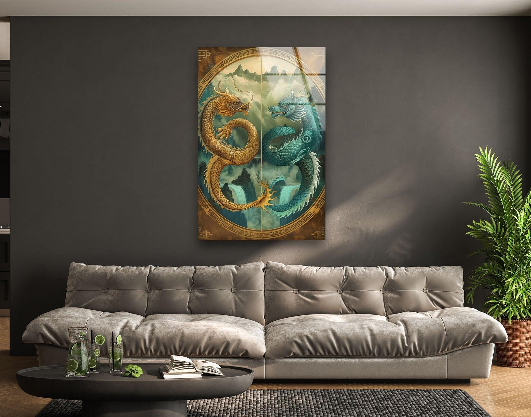 Ao Kuang & Ao Shun Chinese Dragon Glass Wall Art - Elegant Home Decor for Living Room, Bedroom, or Office