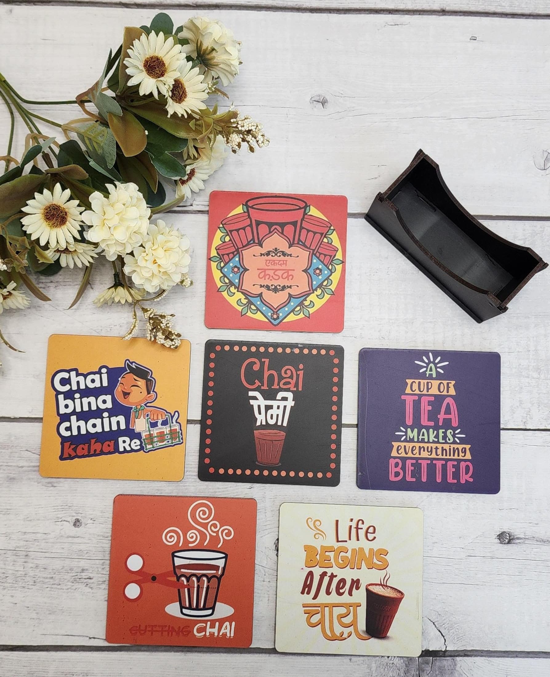 My Creative Hut Set of 6 Tea Coasters - Beautiful Absorbent Cork Drink Coasters for Tea Cups, Coffee Mugs & Glasses with Stand - Perfect for Home, Office & Diwali Gifting (Chai Nukkad) - Protect Tables from Spills & Stains