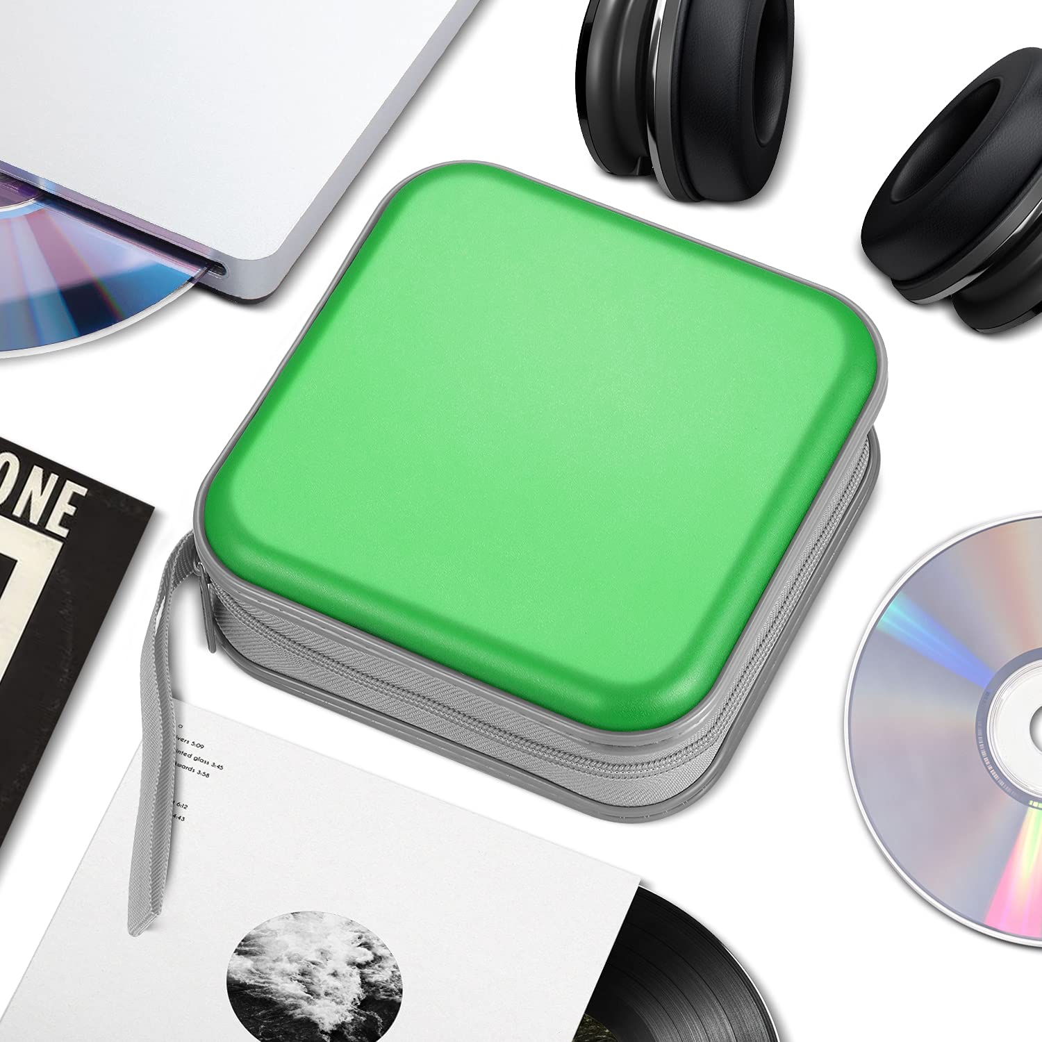 TNP 40-Capacity CD DVD Case Holder Organizer - Portable Hard Shell Disc Wallet for Car, Video Game Storage - Zippered CD Book Holder (Green) - Perfect for Travel, Home & Office Organization