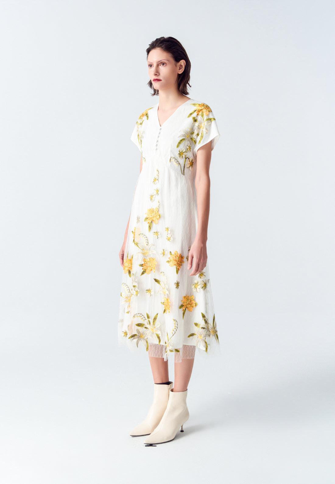 Elegant White Floral Embroidered Mesh Cap Sleeve Dress for Women | Summer Wedding Guest Dress & Garden Party Outfit
